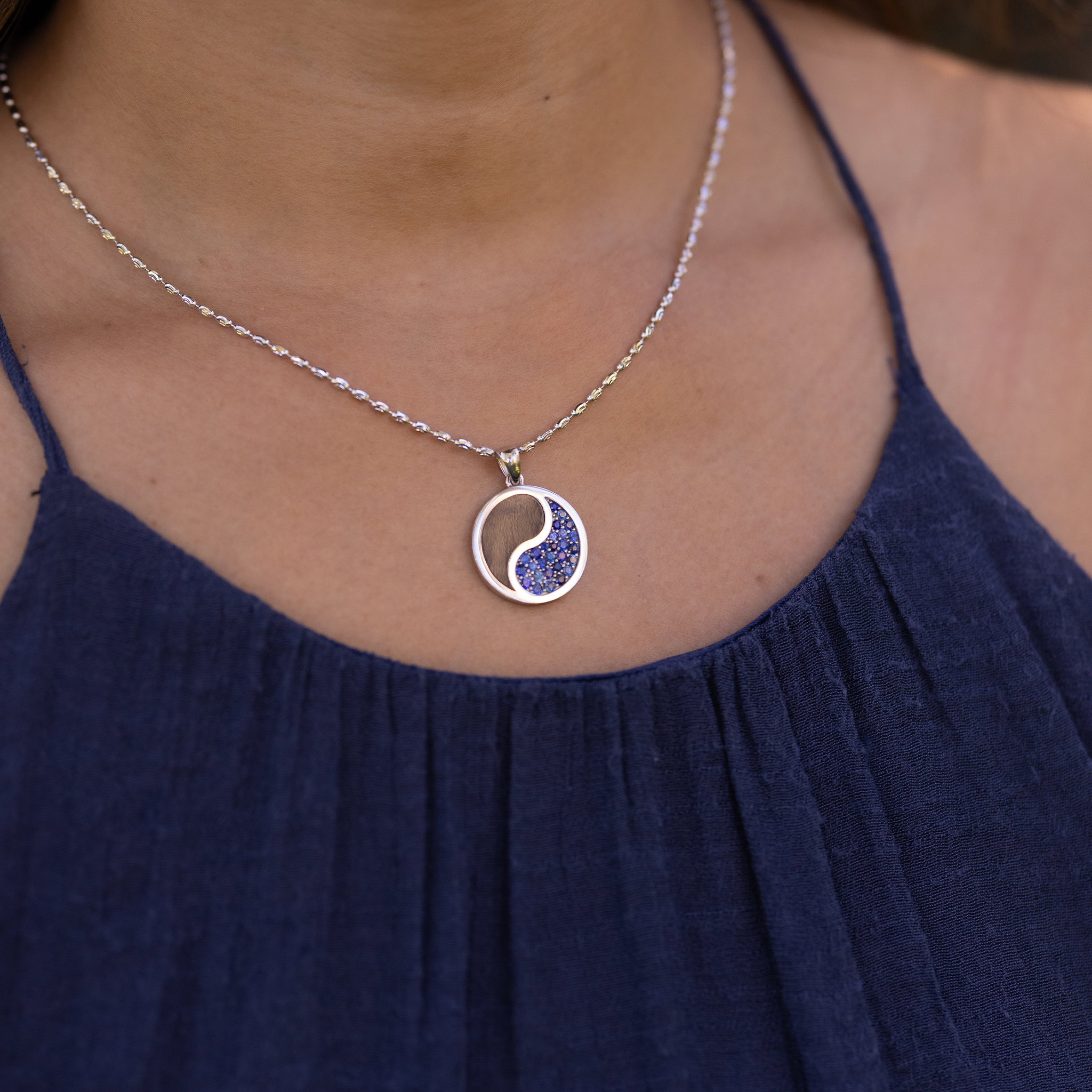 Yin Yang Black Coral Pendant in White Gold with Blue Sapphires - 22mm