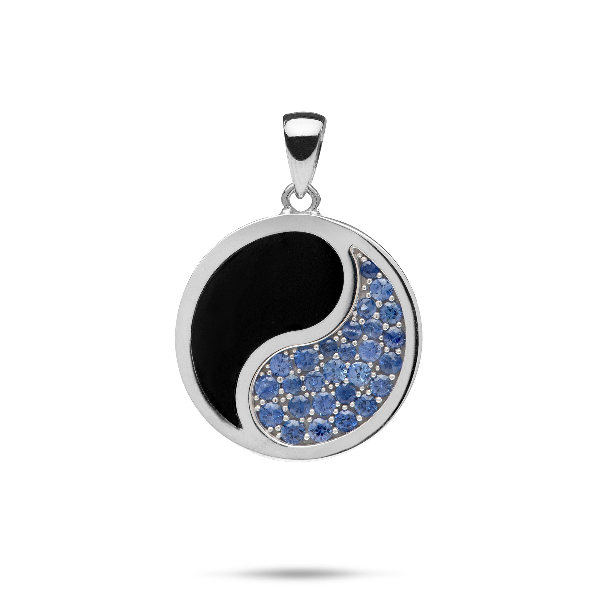 Yin Yang Black Coral Pendant in White Gold with Blue Sapphires - 22mm