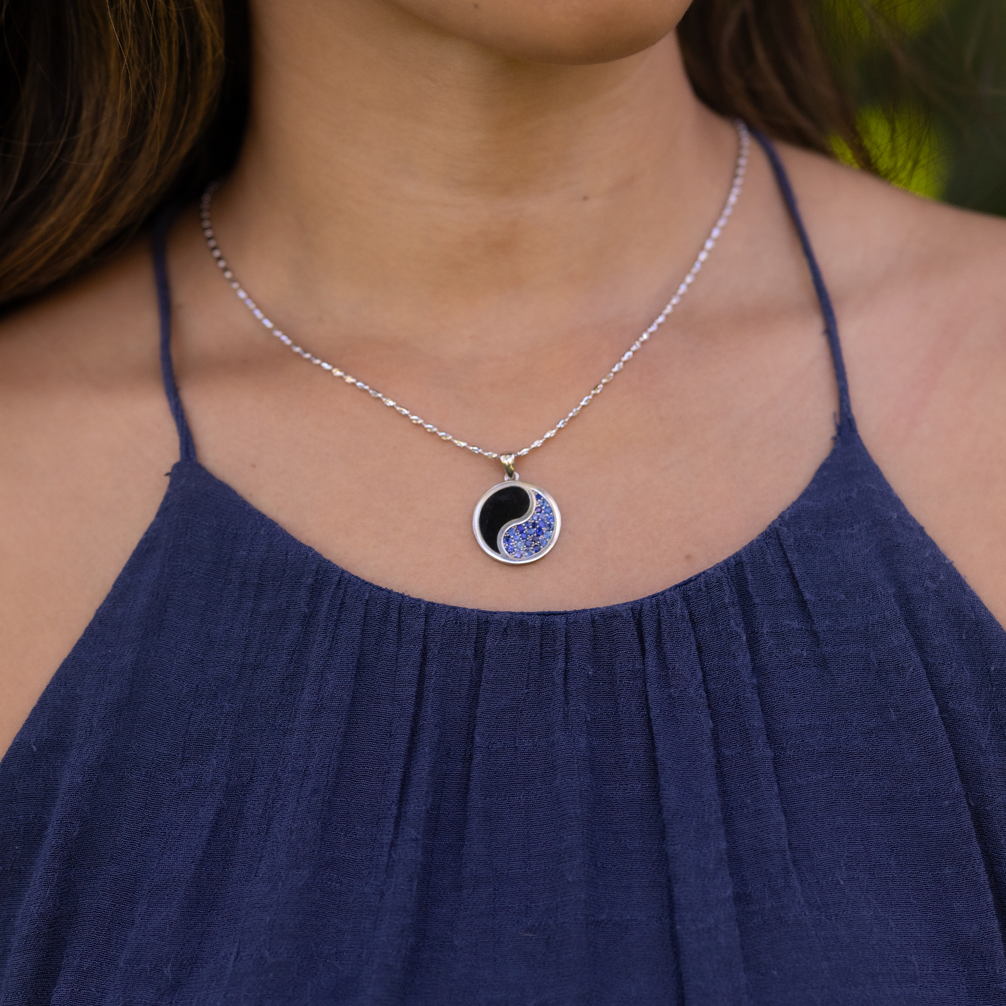 Yin Yang Black Coral Pendant in White Gold with Blue Sapphires - 22mm