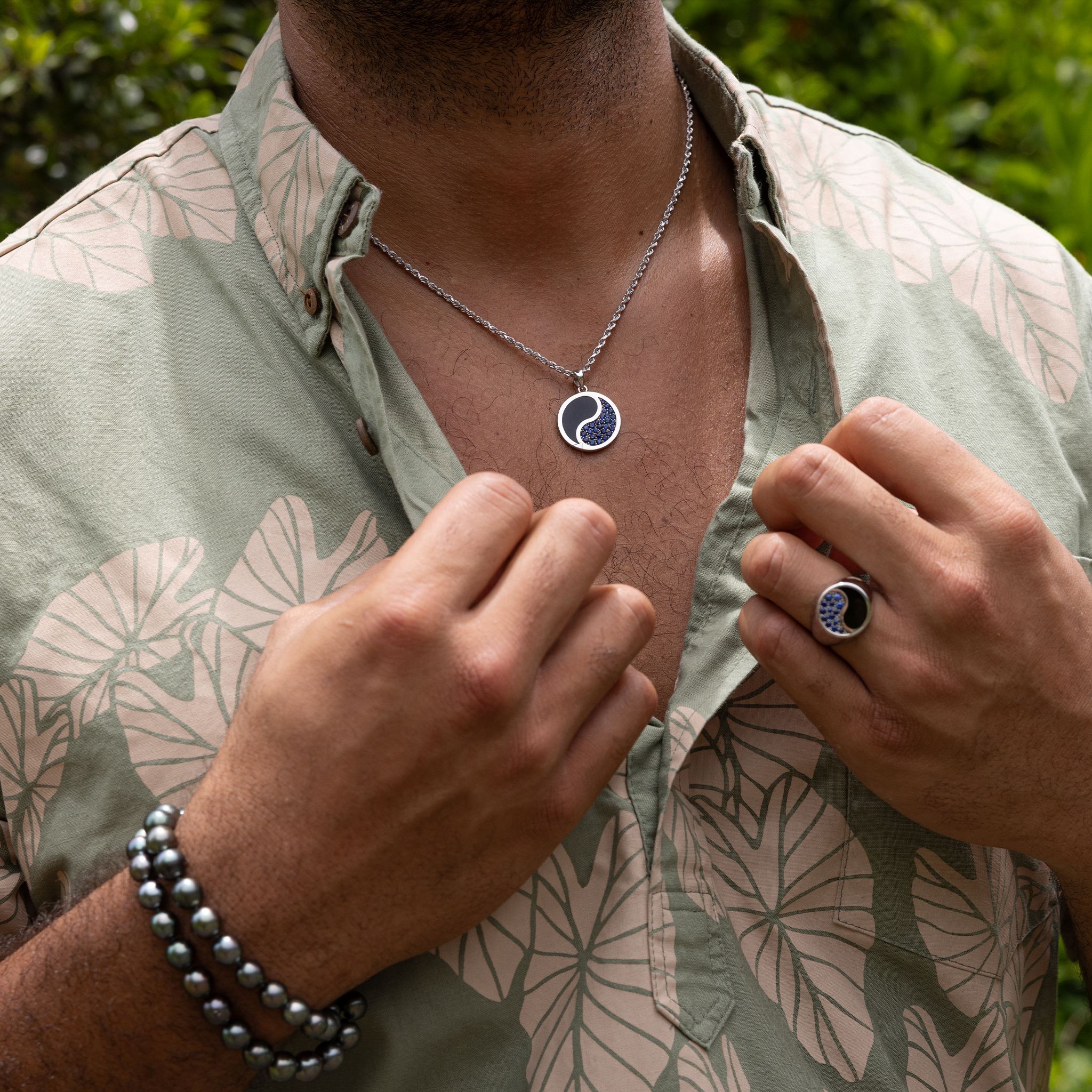 Yin Yang Black Coral Pendant in White Gold with Blue Sapphires - 22mm