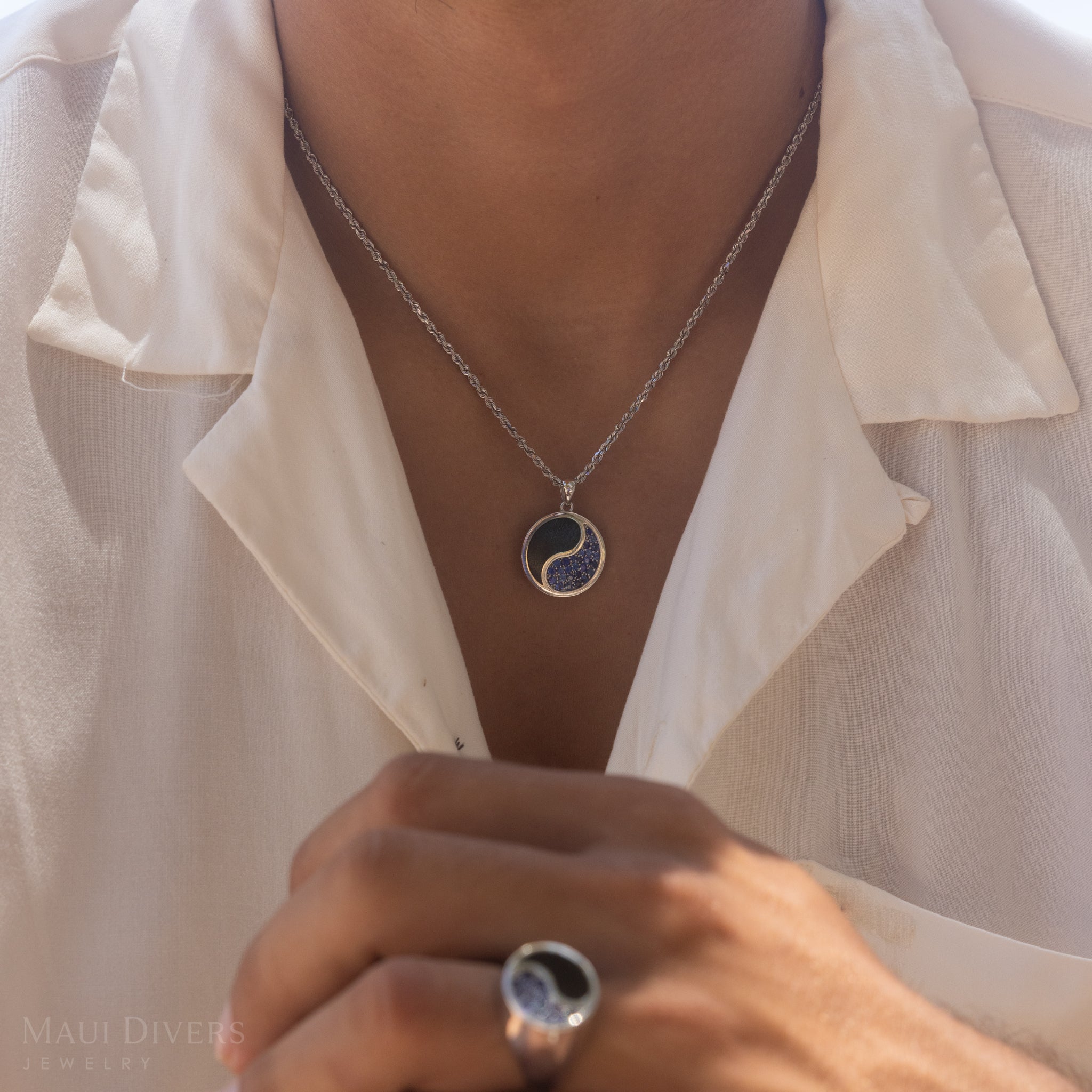 Yin Yang Black Coral Pendant in White Gold with Blue Sapphires - 22mm