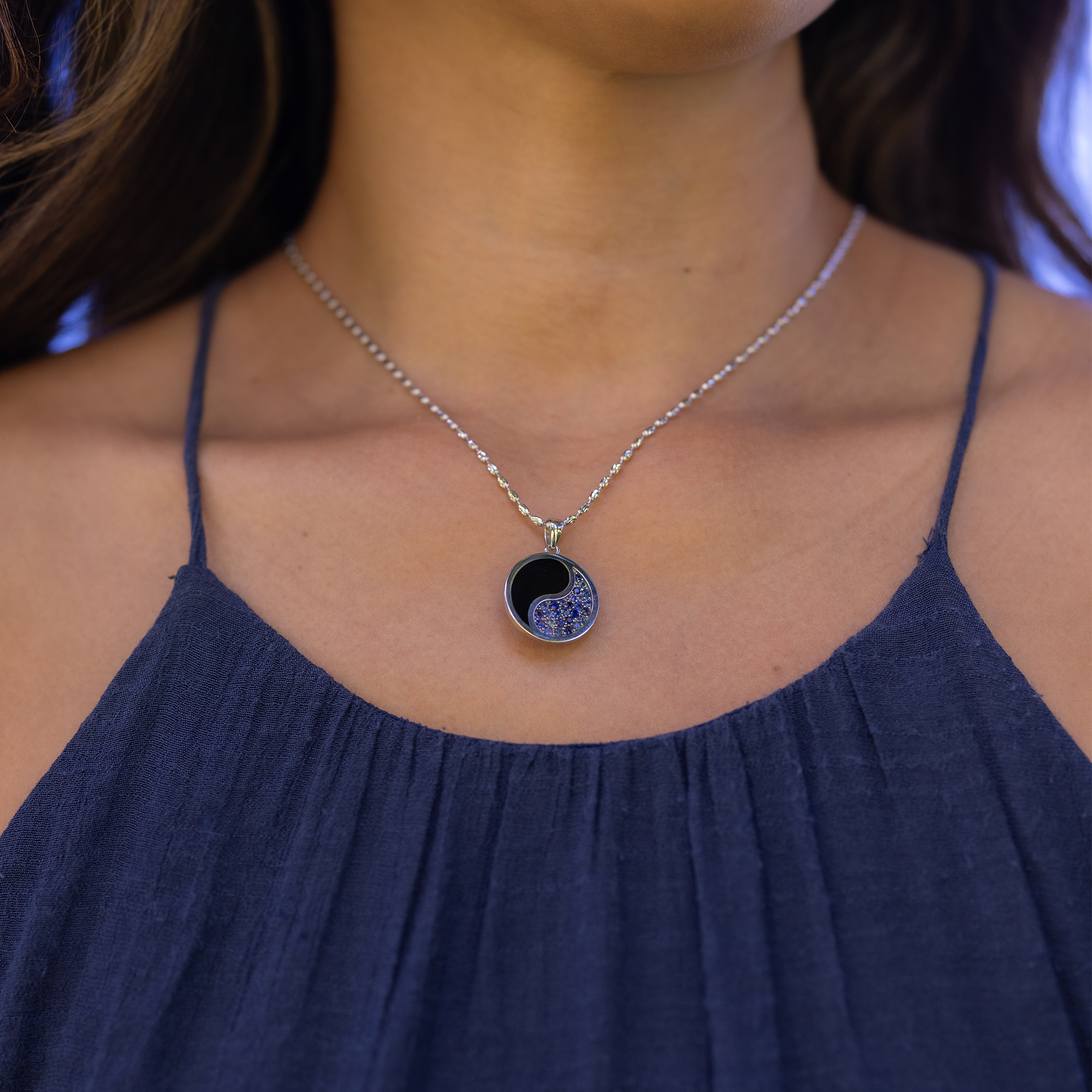 Yin Yang Black Coral Pendant in White Gold with Blue Sapphires - 22mm