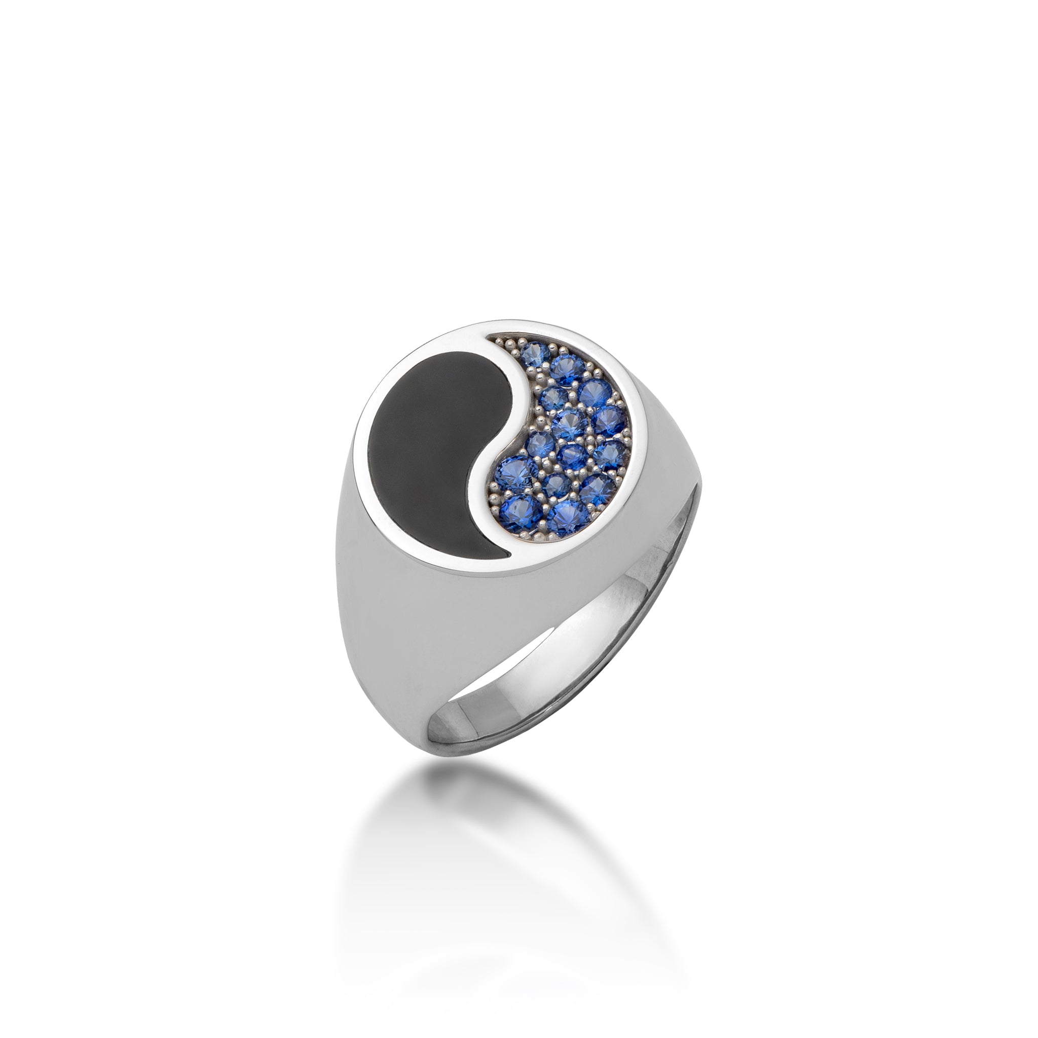 Yin Yang Black Coral Ring in White Gold with Blue Sapphires - 17.5mm