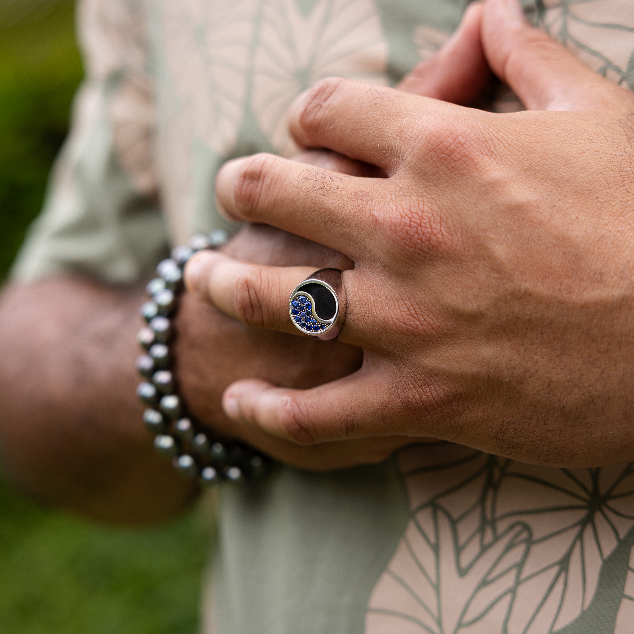 Yin Yang Black Coral Ring in White Gold with Blue Sapphires - 17.5mm