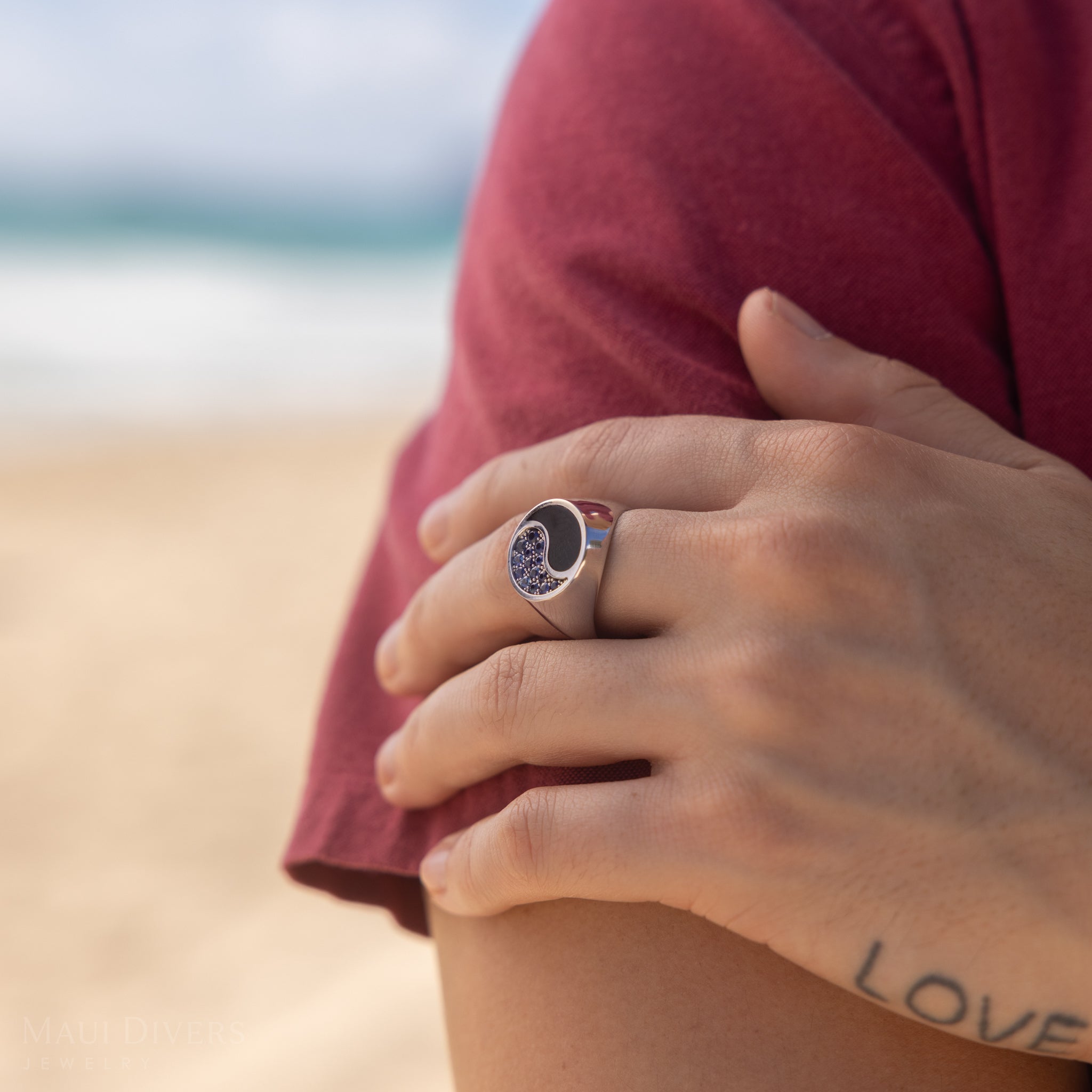 Yin Yang Black Coral Ring in White Gold with Blue Sapphires - 17.5mm