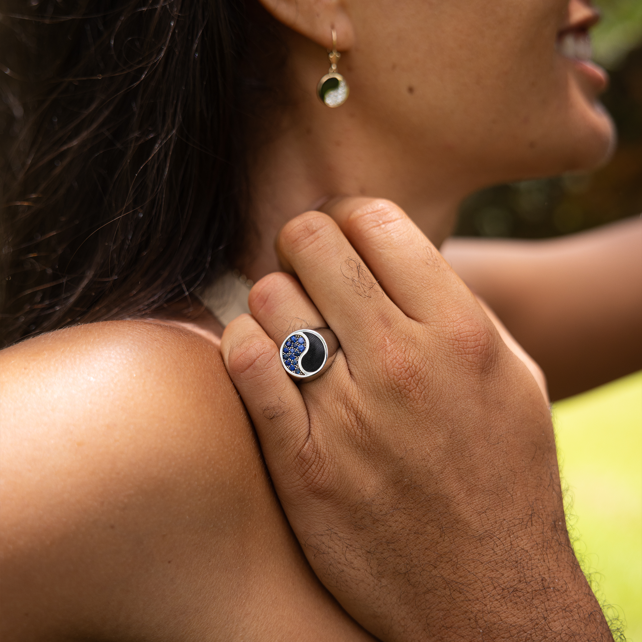 Yin Yang Black Coral Ring in White Gold with Blue Sapphires - 17.5mm