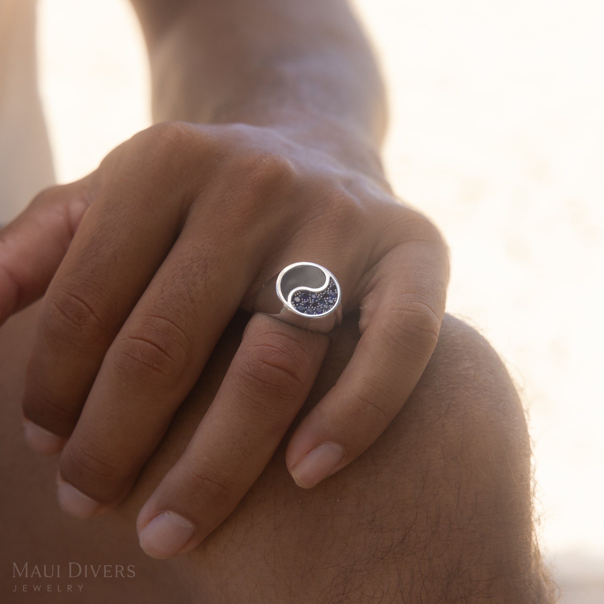 Yin Yang Black Coral Ring in White Gold with Blue Sapphires - 17.5mm