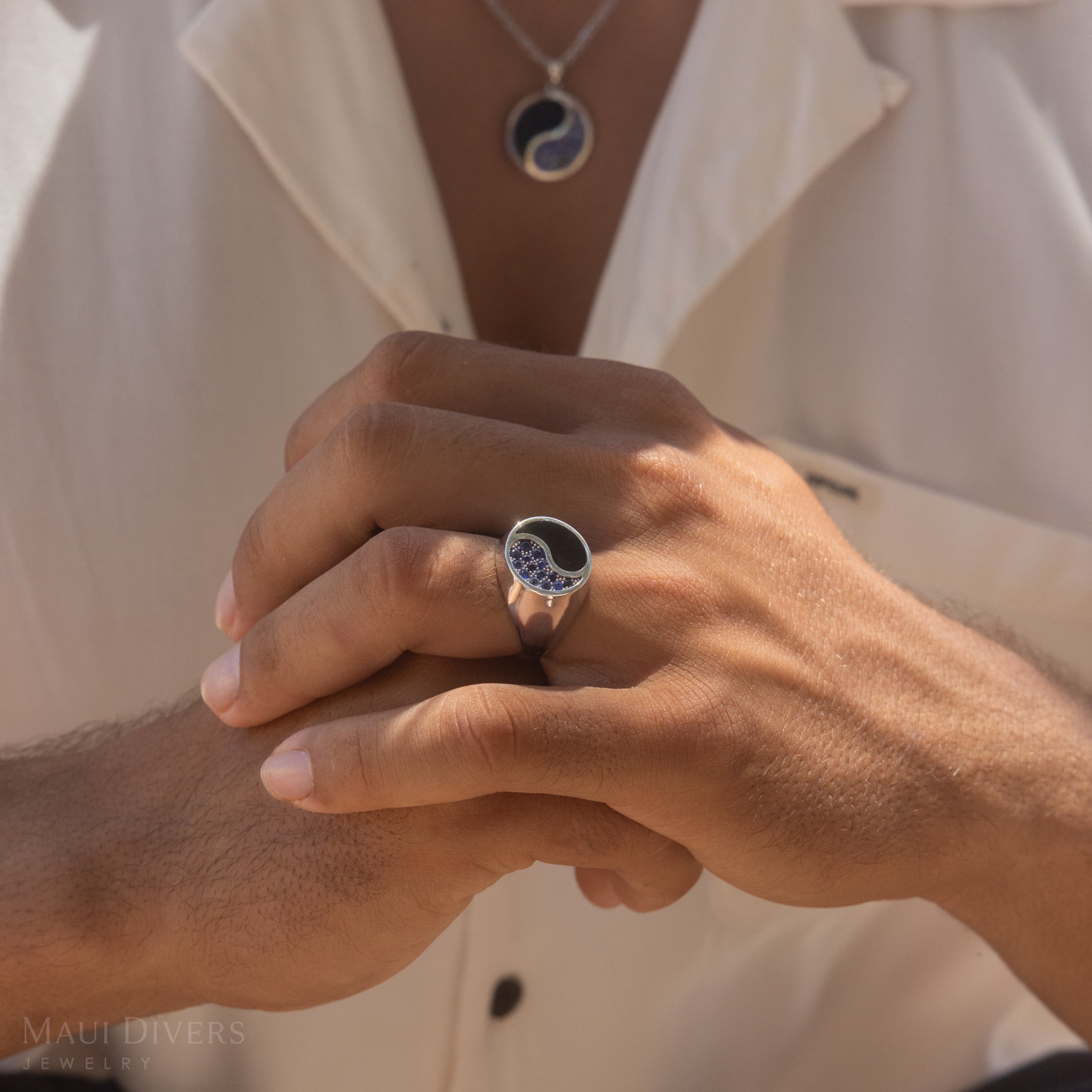 Yin Yang Black Coral Ring in White Gold with Blue Sapphires - 17.5mm