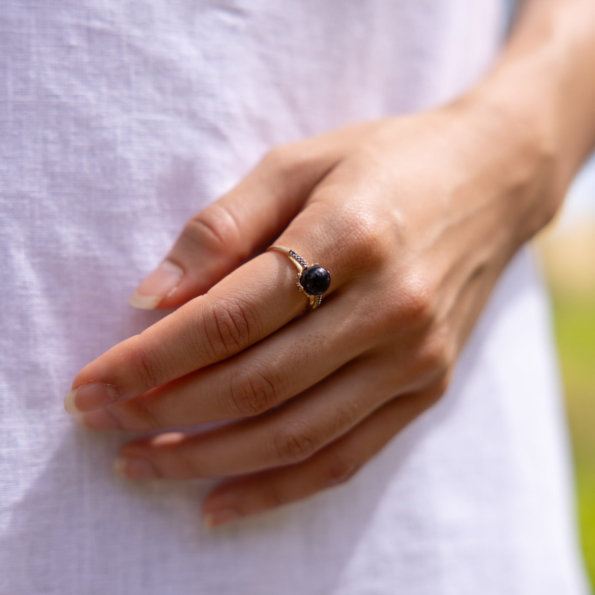 Night Blossom Black Coral Ring in Gold with Black Diamonds - 7-7.9mm