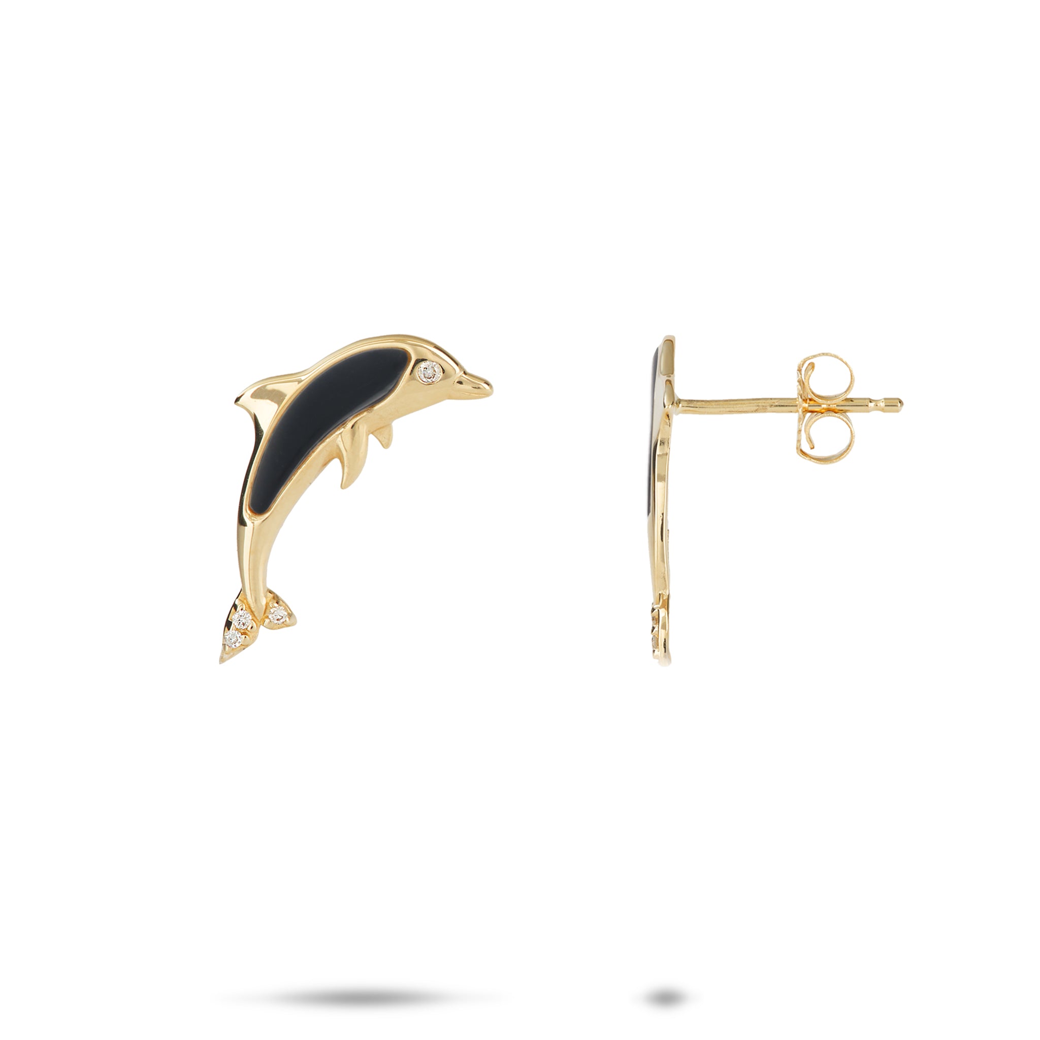 15mm Sealife Dolphin Black Coral Earrings in Gold with Diamonds on white background