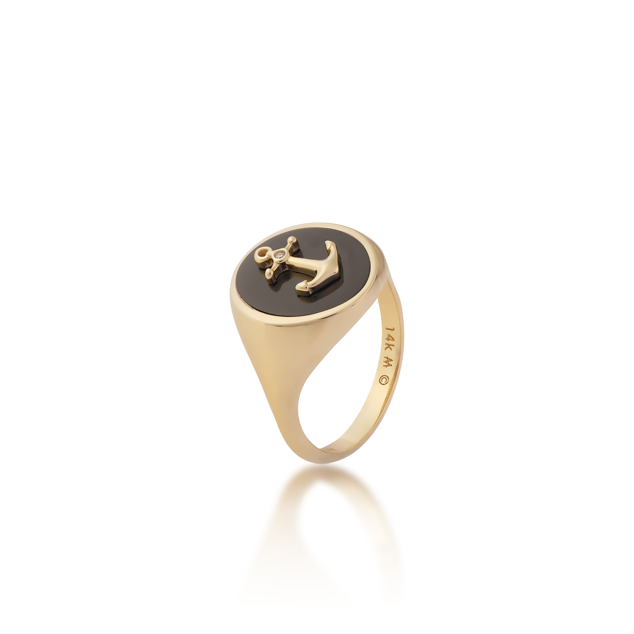 Sealife Anchor Black Coral Signet Ring in Gold with Diamond - 14mm