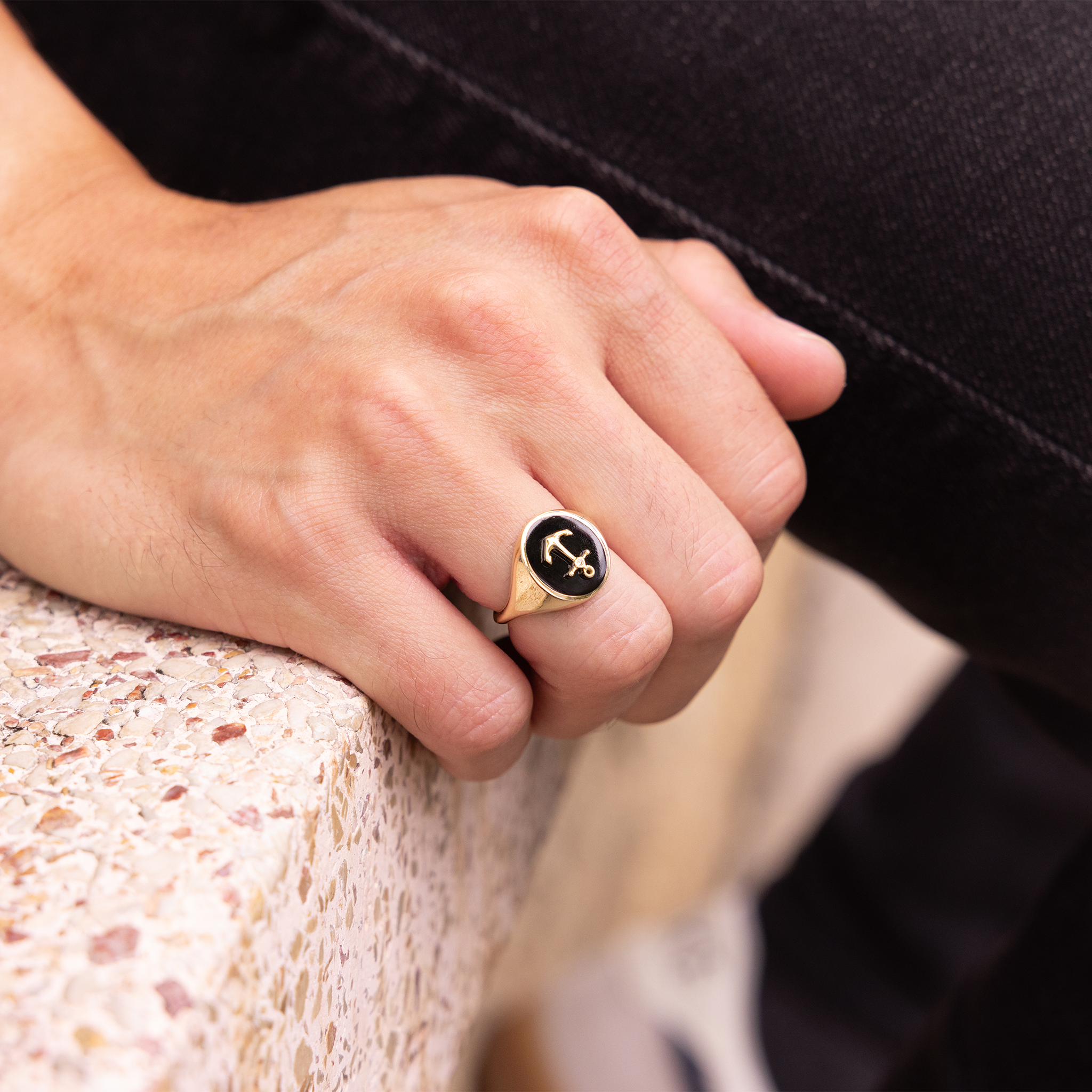 Sealife Anchor Black Coral Signet Ring in Gold with Diamond - 14mm