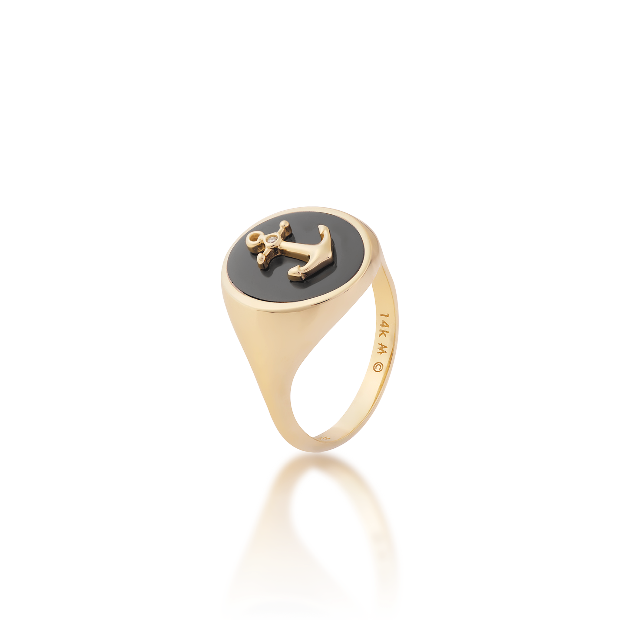 Sealife Anchor Black Coral Signet Ring in Gold with Diamond - 14mm