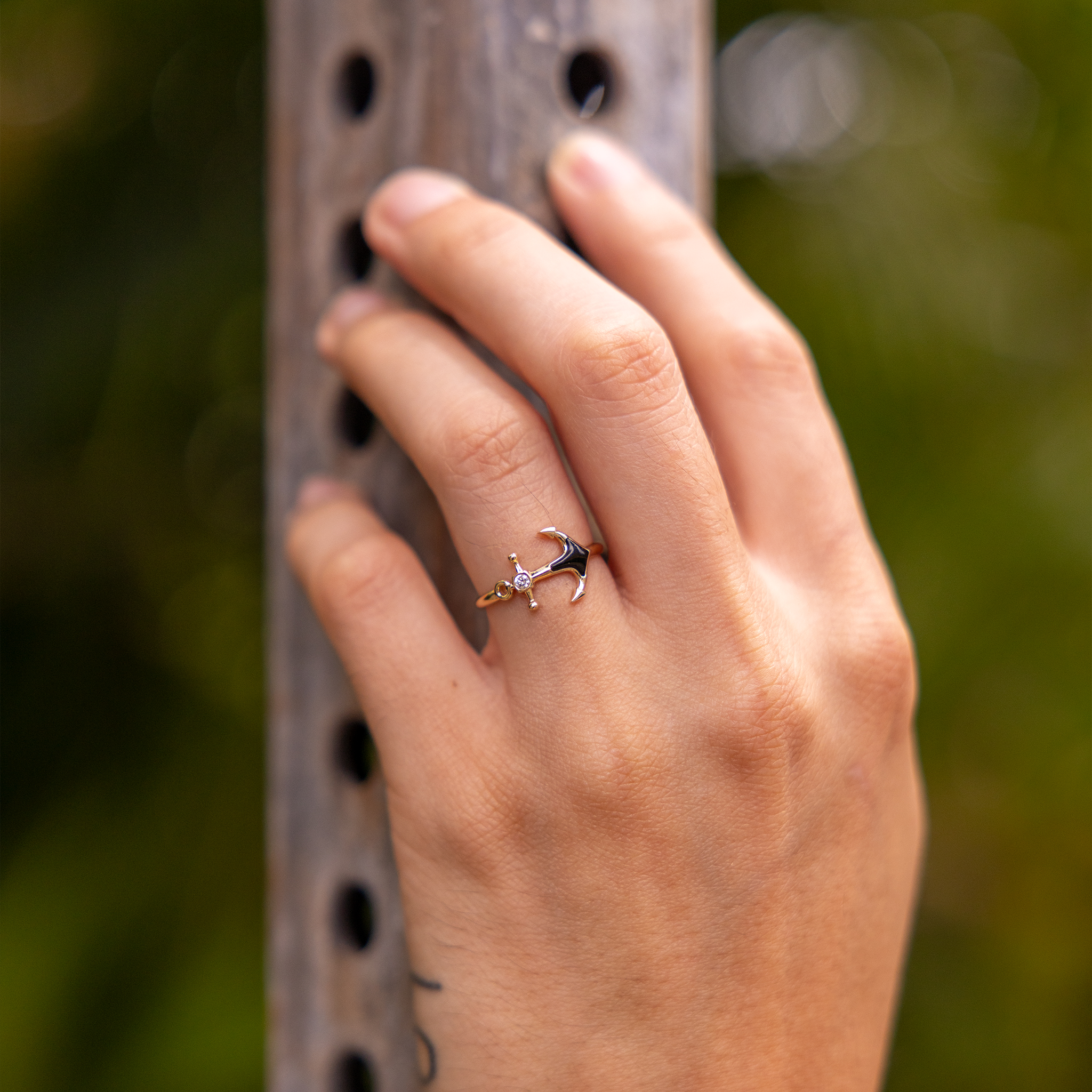 Sealife Anchor Black Coral Ring in Gold with Diamonds - 11mm