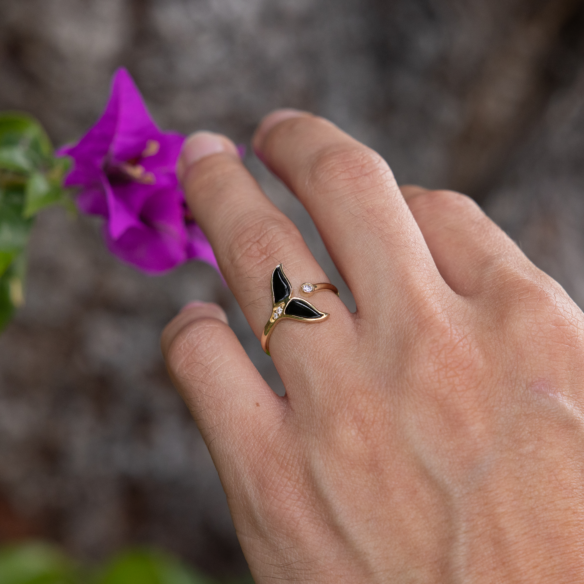 Sealife Whale Tail Black Coral Ring in Gold with Diamonds - 15mm