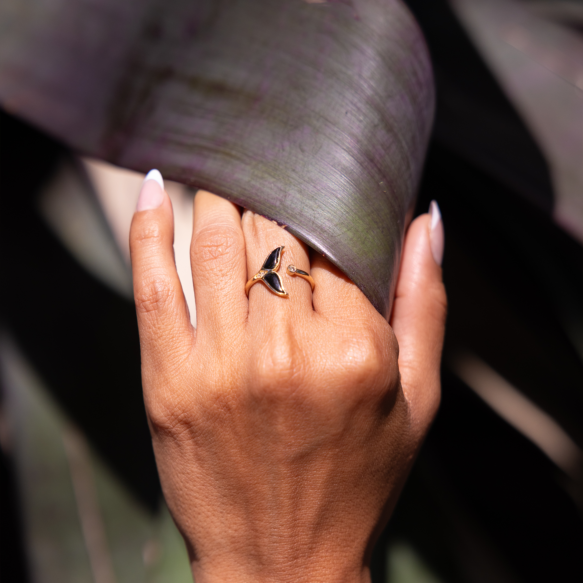 Sealife Whale Tail Black Coral Ring in Gold with Diamonds - 15mm