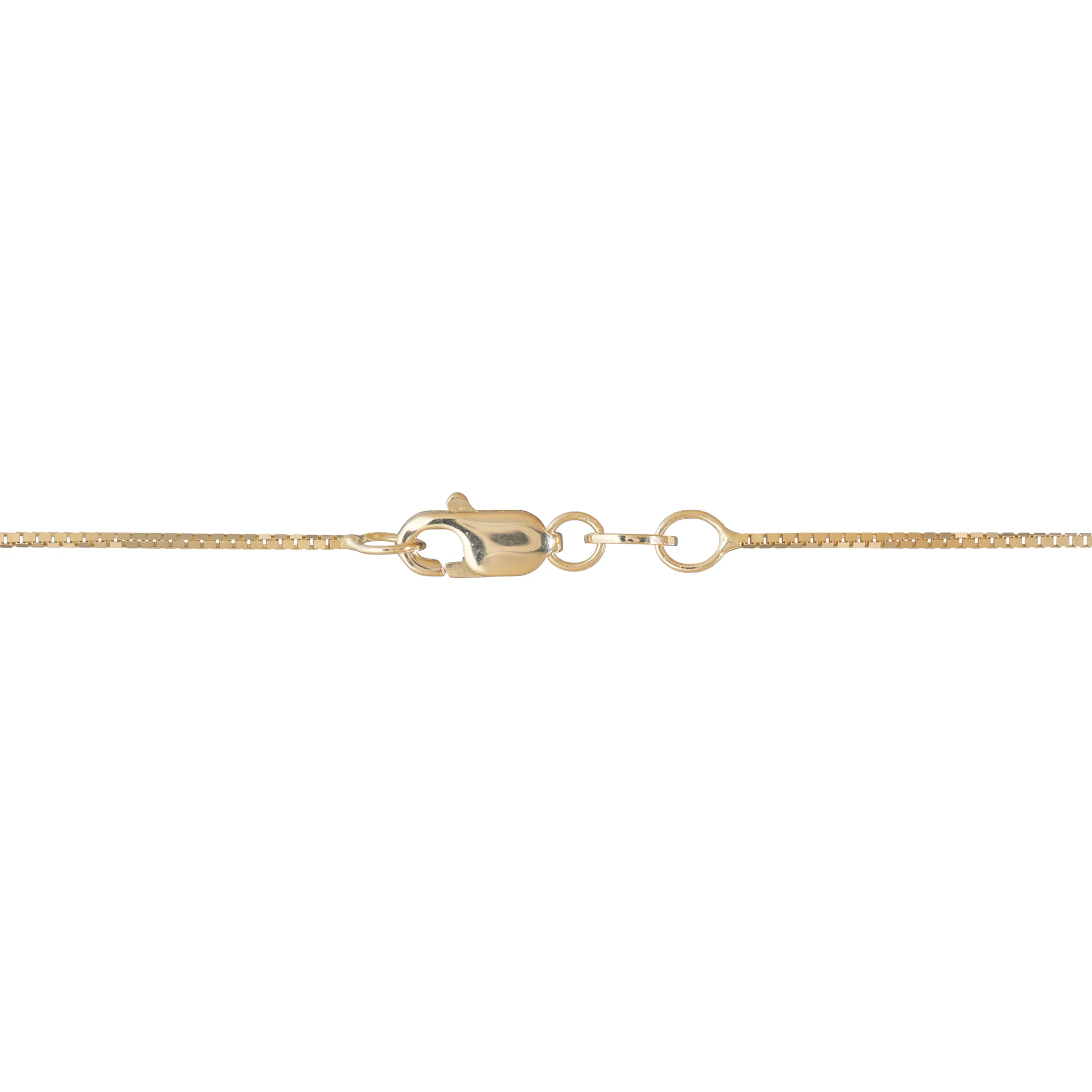 Detail shot of a 0.8mm Box Chain in 14k Yellow Gold with a Lobster Claw Clasp