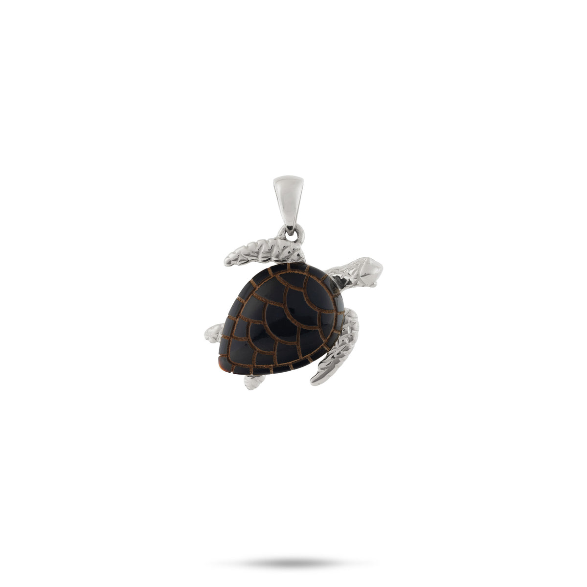 A 15mm 14k white gold Hawaiian green sea turtle pendant featuring a lustrous Hawaiian black coral inlay with laser-etched shell design, shown on a plain white background.