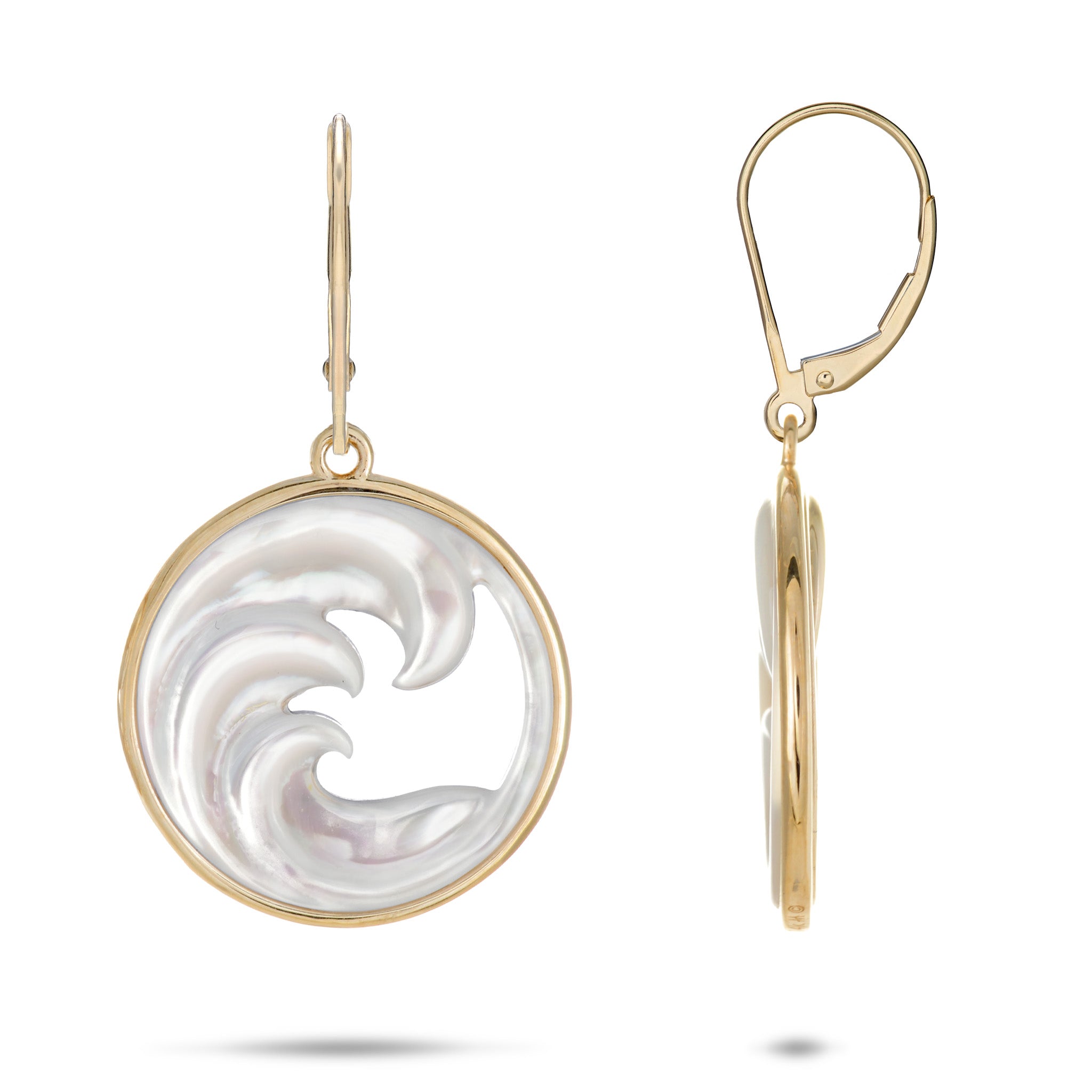 Nalu Mother of Pearl Earrings in 14k Yellow Gold on white background