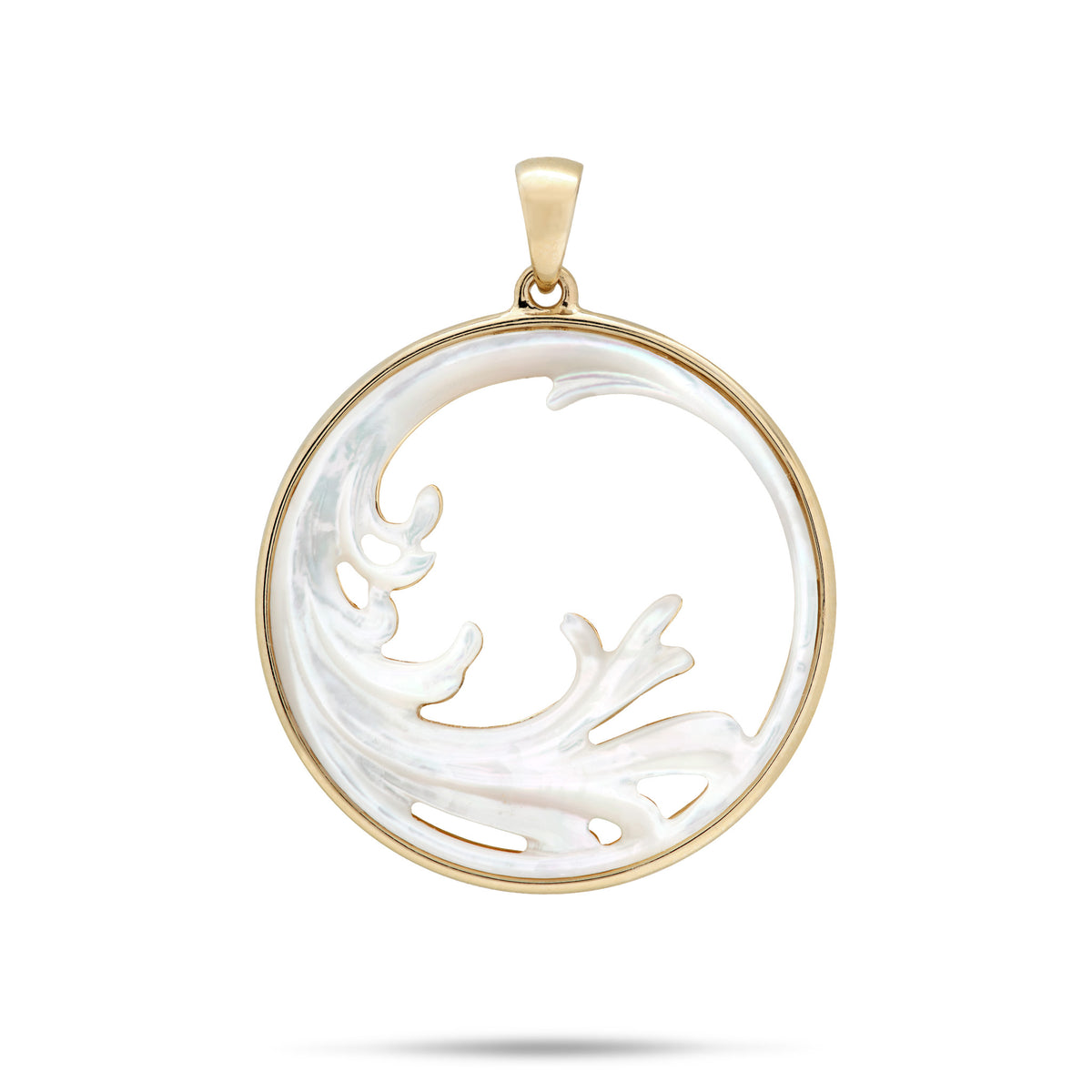 A 27mm 14k Yellow Gold Round Pendant with a cut-out Splashing Wave Design crafted from White Mother of Pearl set in a round Gold frame and gold bail, shown on a white background