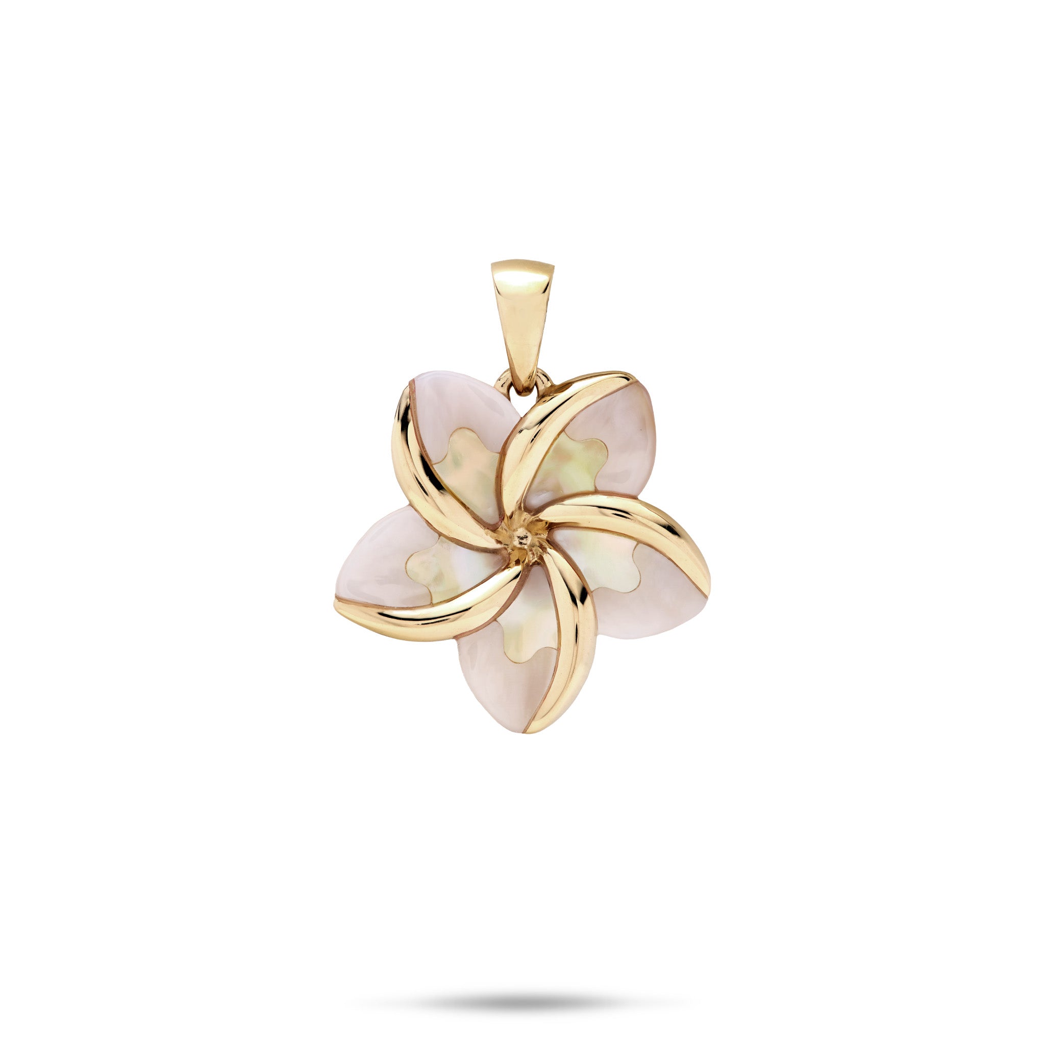 18mm Plumeria Mother of Pearl Pendant in 14k Yellow Gold on white background