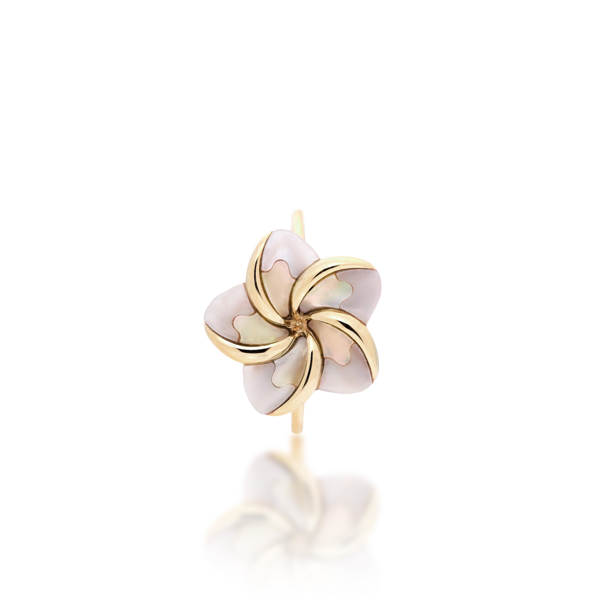 Front View of a 16mm Plumeria Mother of Pearl Ring in 14k Yellow Gold on white background