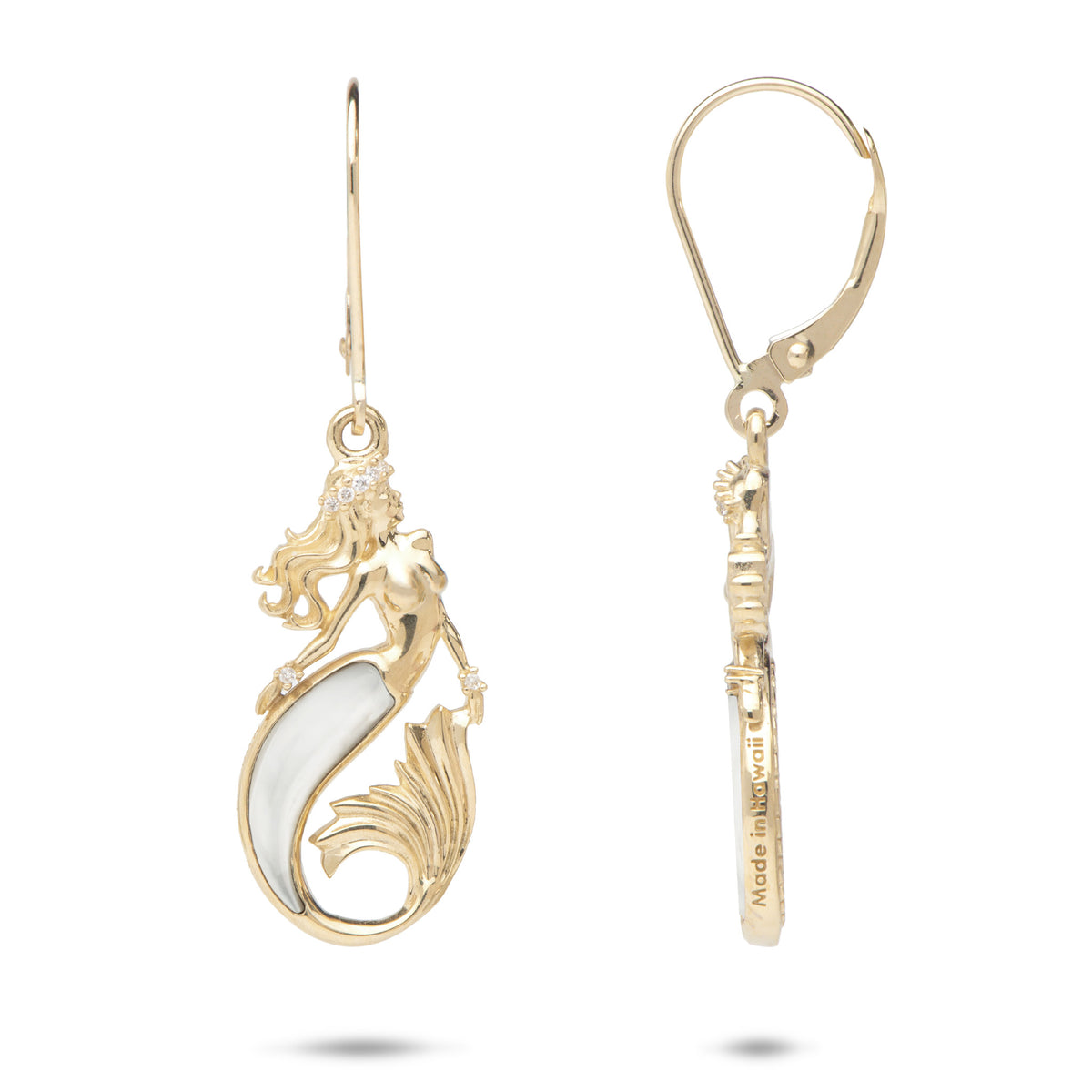 A pair of 14k yellow gold mermaid leverback earrings with a diamond head lei, diamond accented wrists, and mother of pearl inlay along the tail, showcasing the front and side on a white background