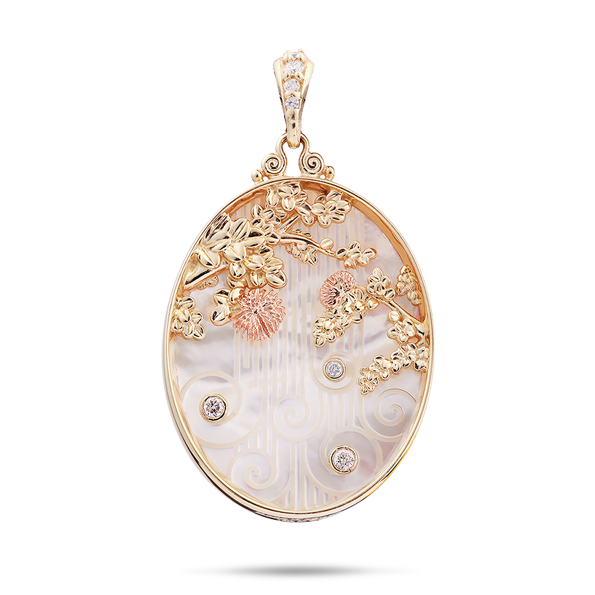 ʻŌhiʻa Lehua Waterfall Mother of Pearl Pendant in Two Tone Gold with Diamonds