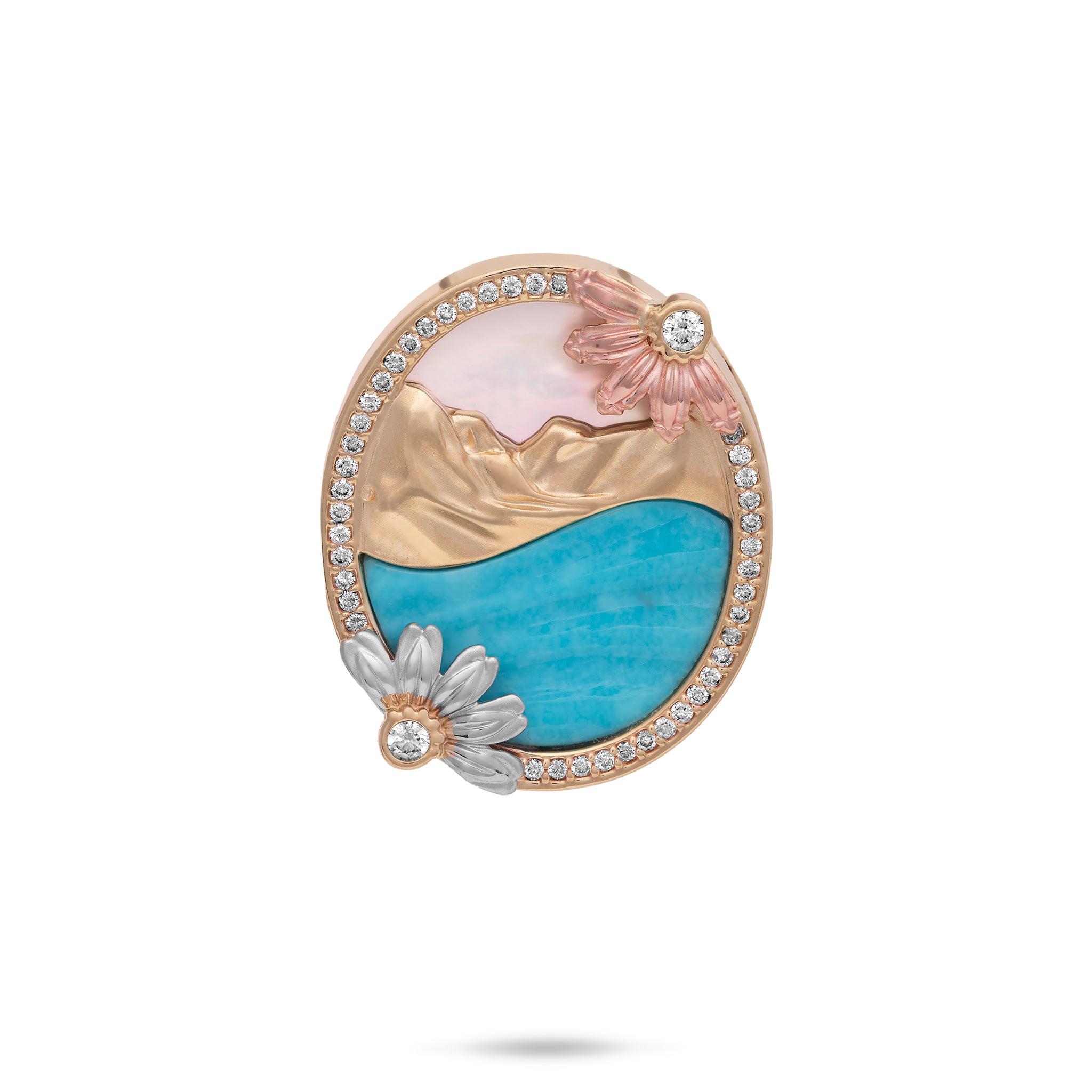 Beach & Mountain Naupaka Turquoise & Mother of Pearl Pendant in Tri Color Gold with Diamonds