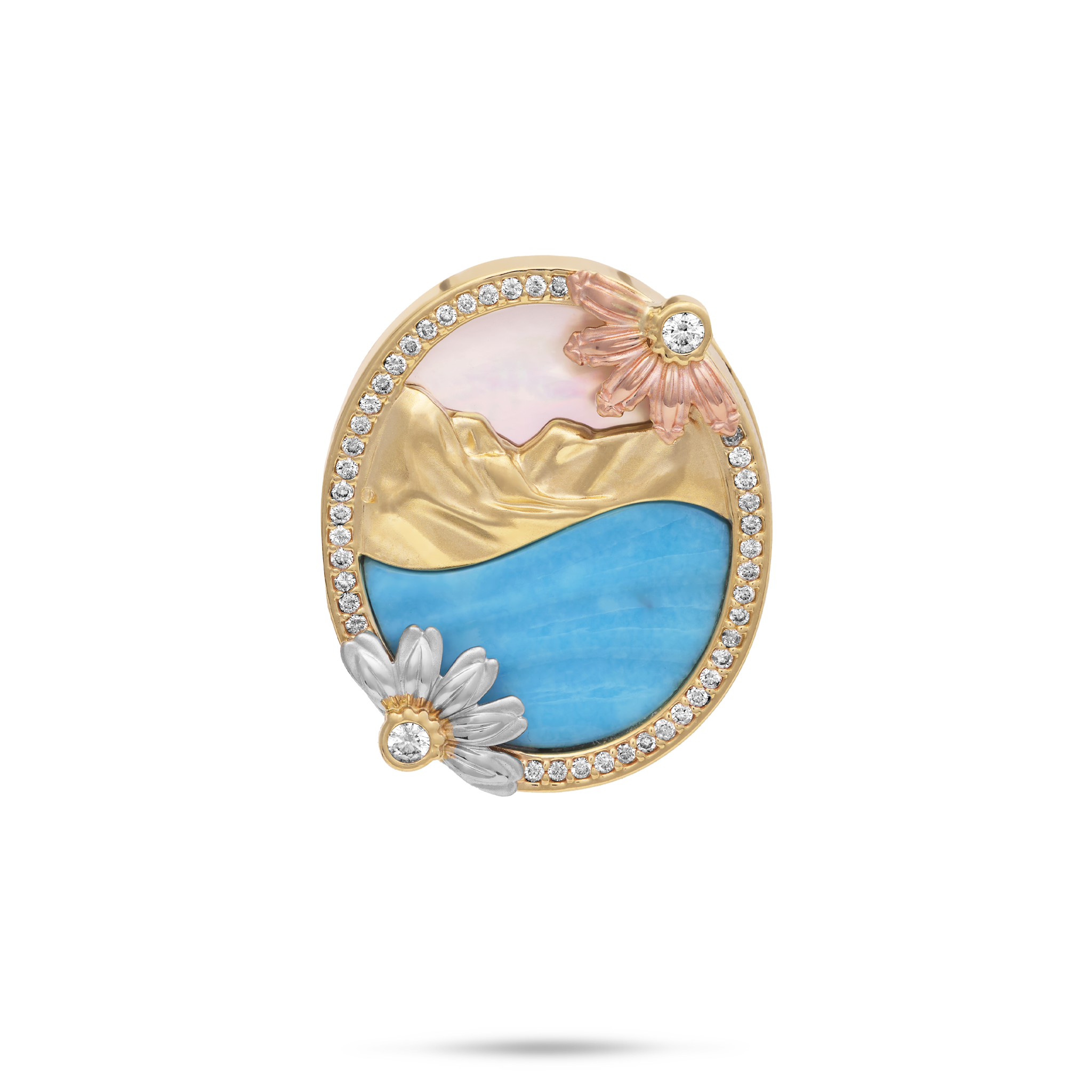 Beach & Mountain Naupaka Turquoise & Mother of Pearl Pendant in Tri Color Gold with Diamonds