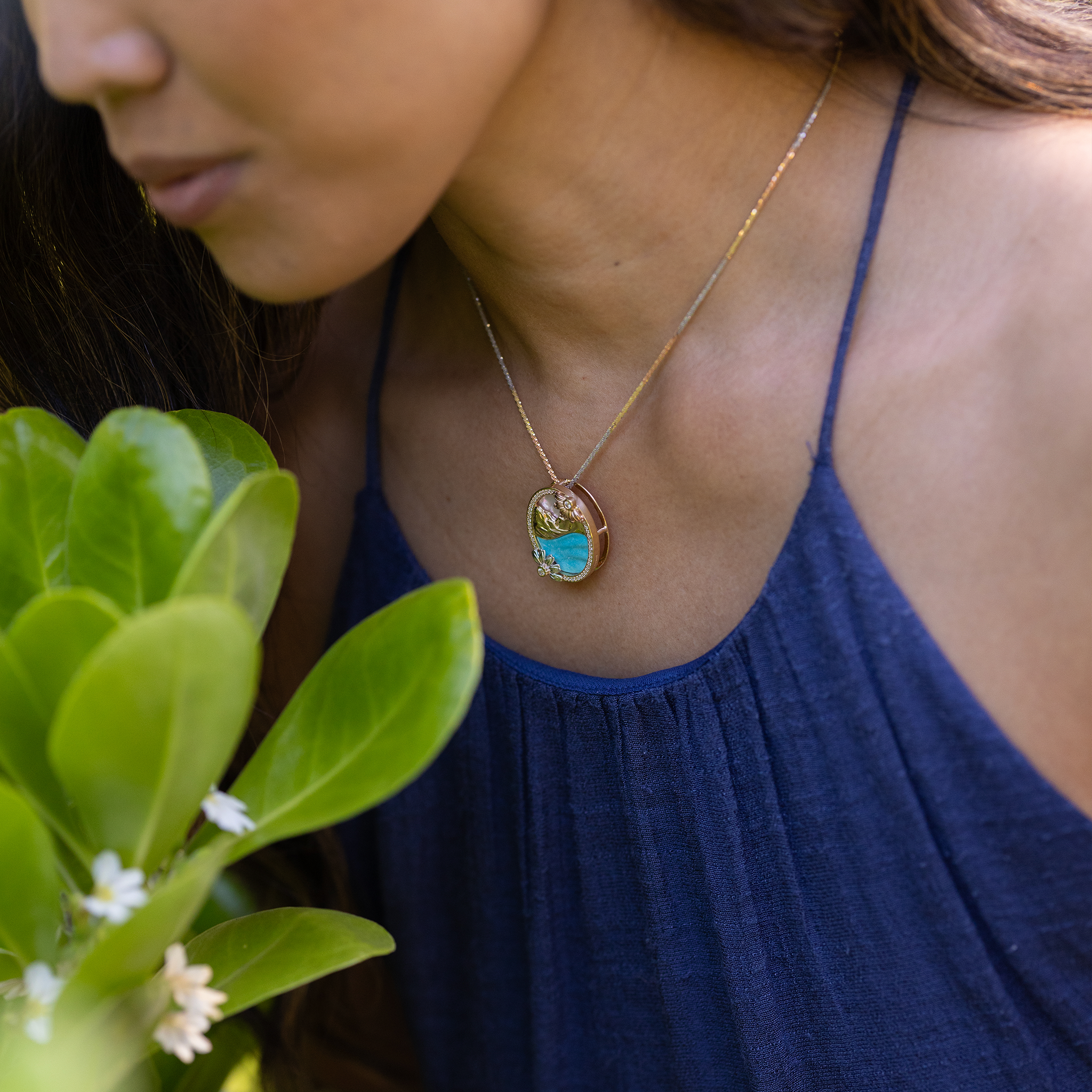 Beach & Mountain Naupaka Turquoise & Mother of Pearl Pendant in Tri Color Gold with Diamonds