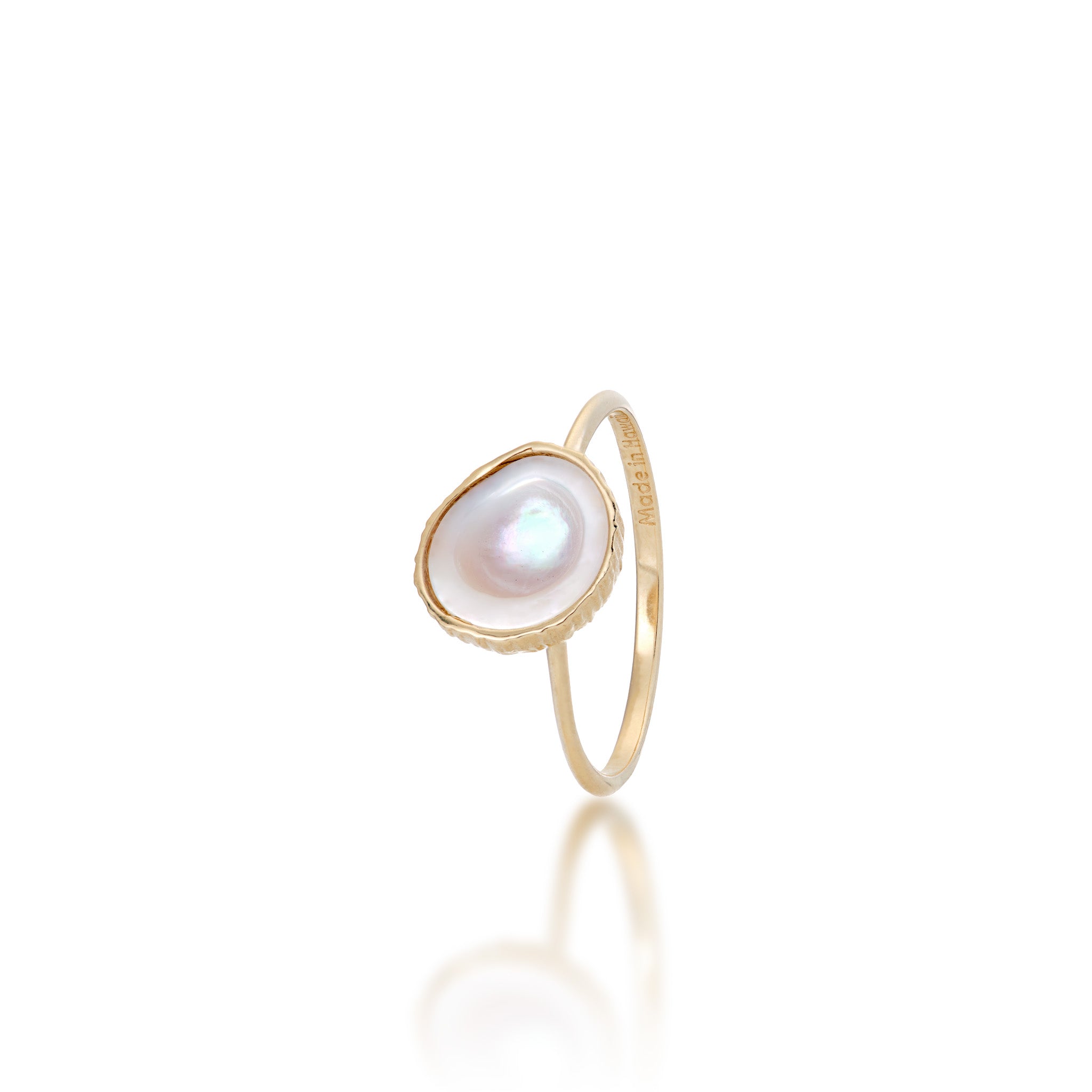 Angled view of the 10mm Coconut Ring with Mother of Pearl Inlay in 14k Yellow Gold on a White Background