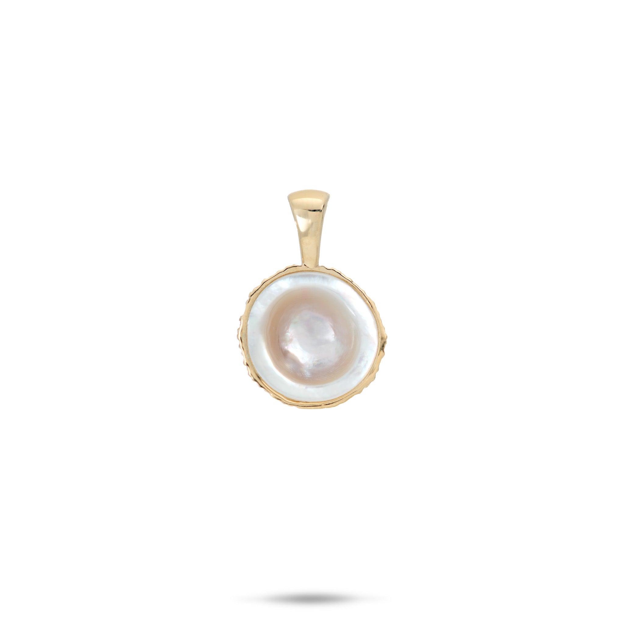 Front view of a Cute Fruits Coconut Mother of Pearl Pendant in 14k yellow gold on a white background