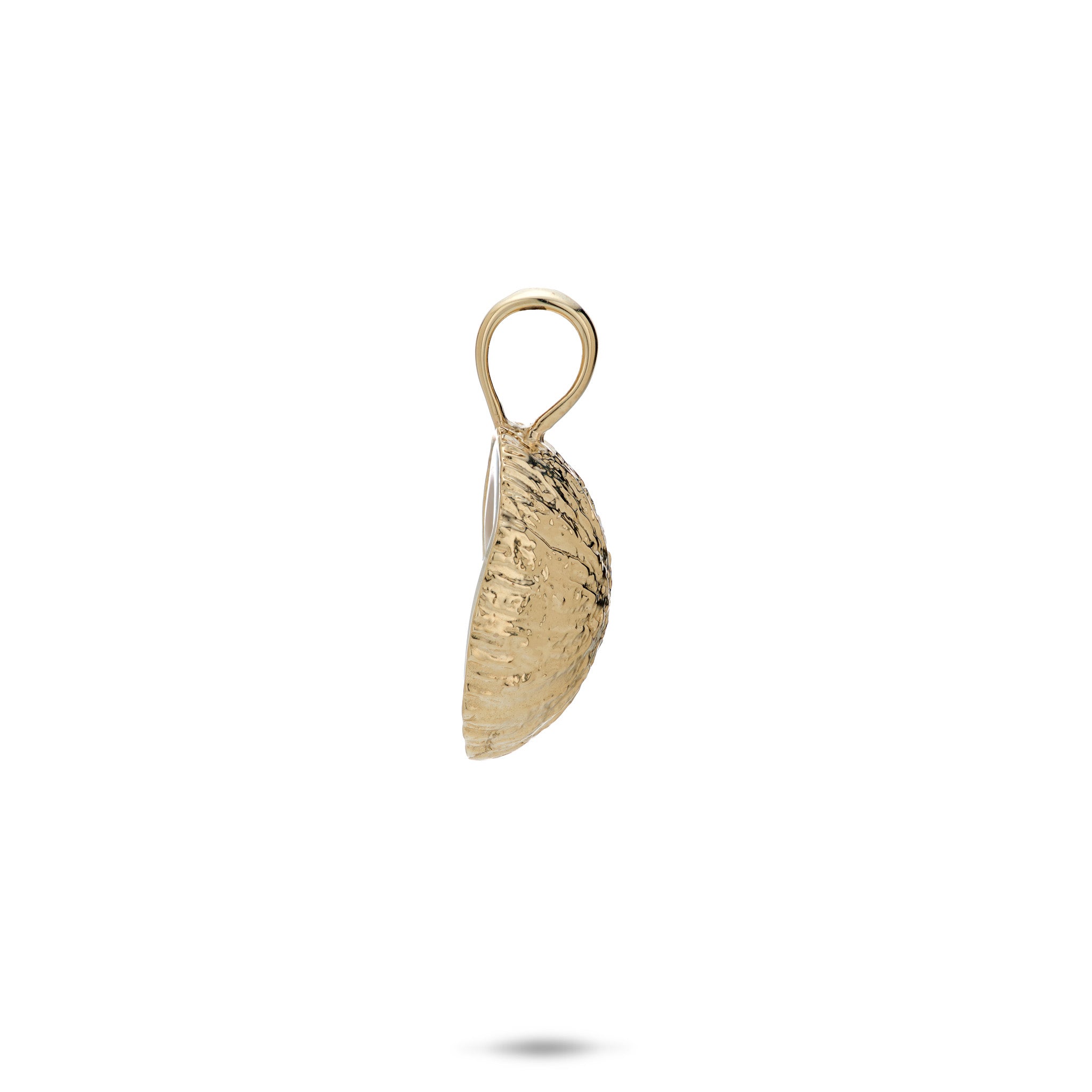 Side view of the 16mm Coconut Pendant with Mother of Pearl Inlay in 14k Yellow Gold on a White Background