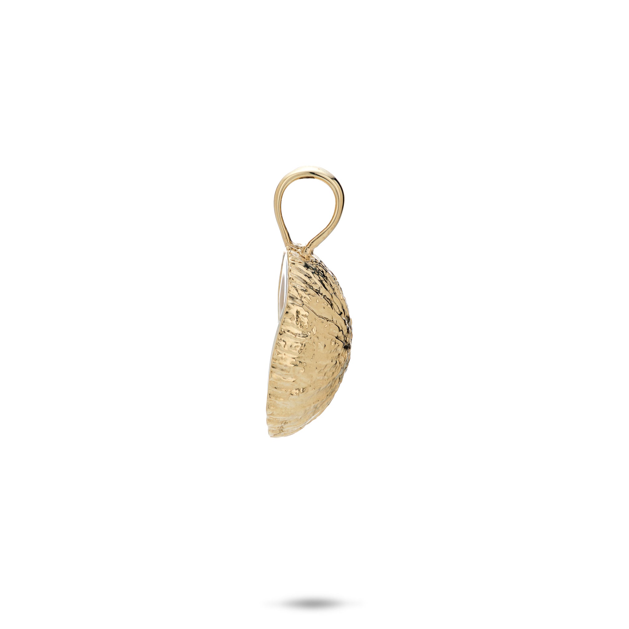 Side view of the 16mm Coconut Pendant with Mother of Pearl Inlay in 14k Yellow Gold on a White Background