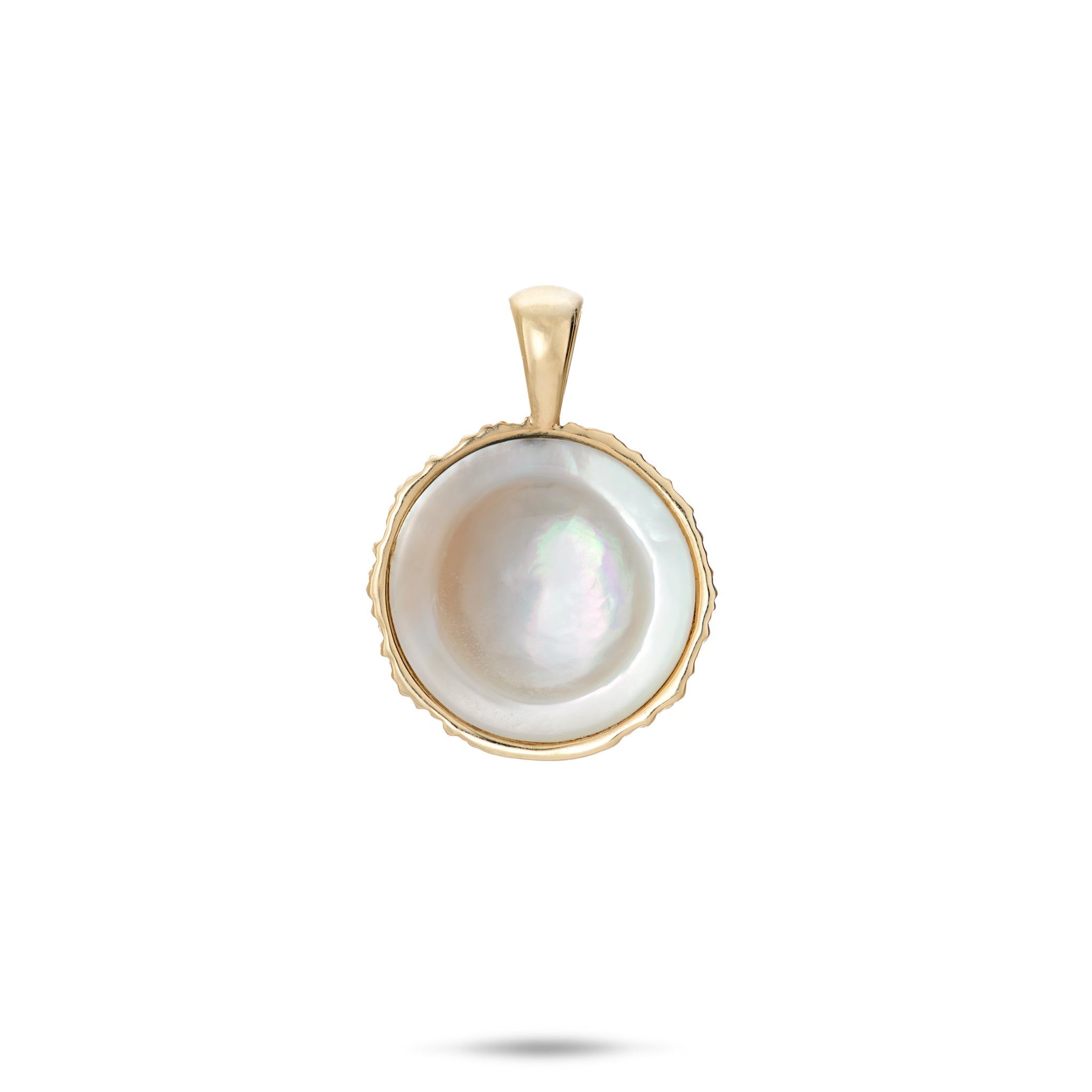 16mm Coconut Pendant with Mother of Pearl Inlay in 14k Yellow Gold on a White Background