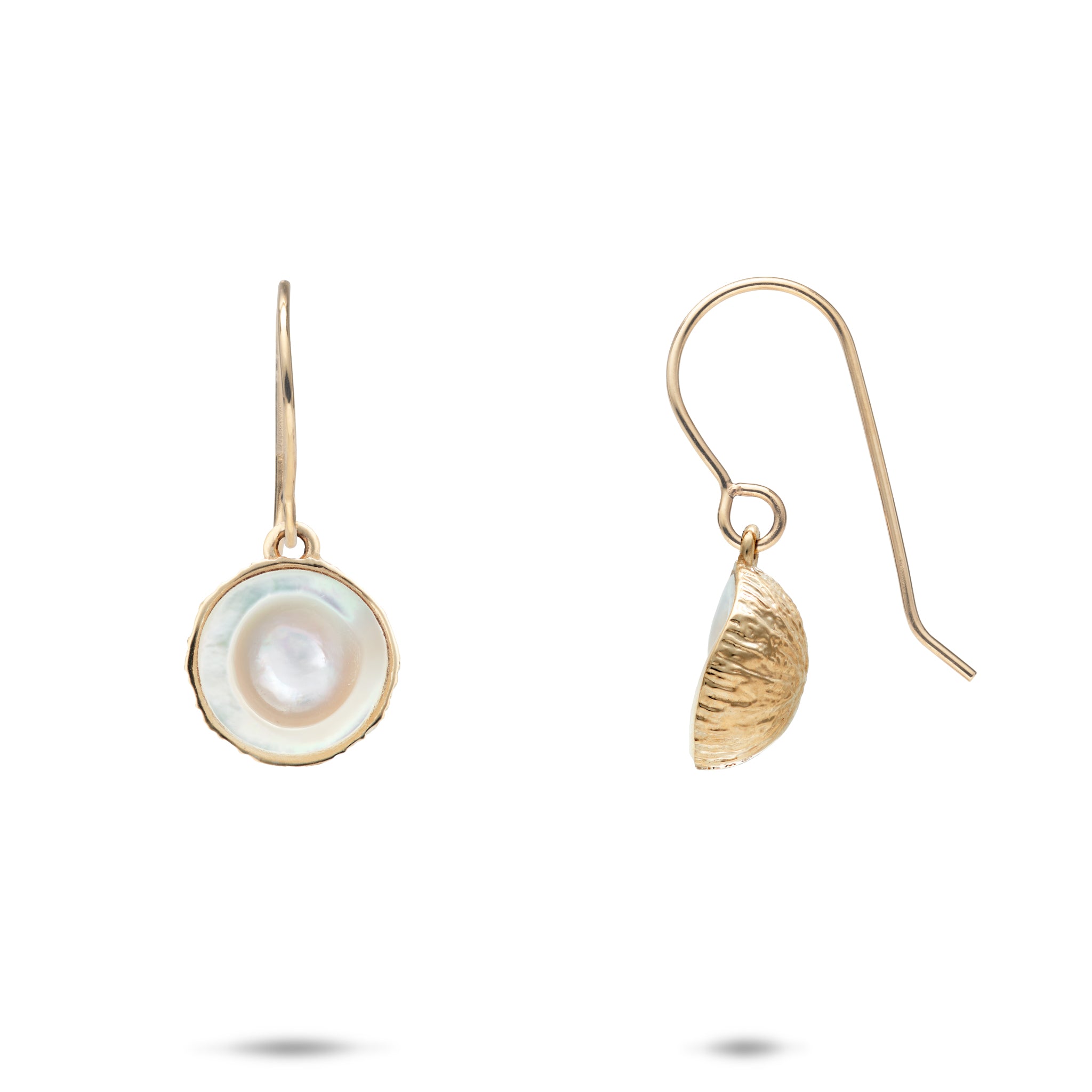 Cute Fruits Coconut Earrings with Mother of Pearl center and Gold outer husk, shepard hooks on a white background