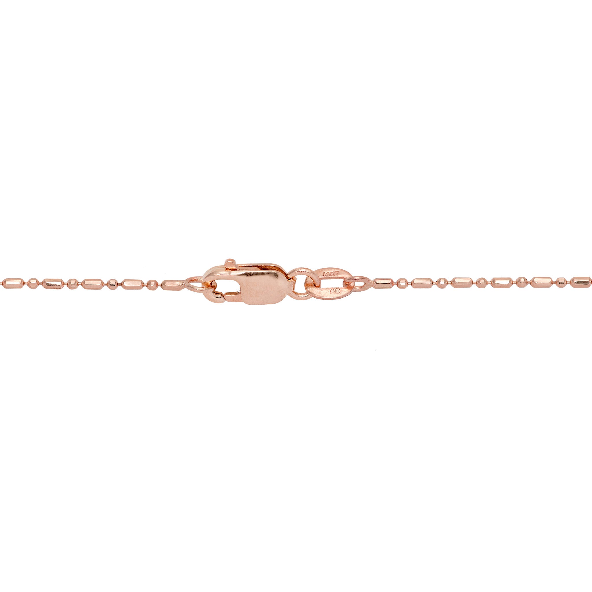 1.0mm Ball Bar Chain in 14k Rose Gold with Lobster Claw Clasp on a white background