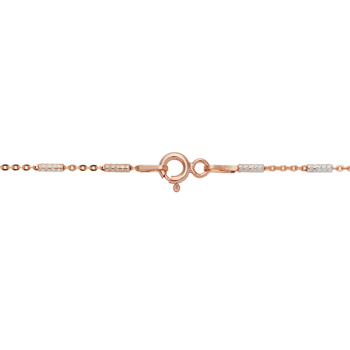 Close up of a 1.0mm Tube Chain in Rose Gold and Sterling Silver with O-Ring Clasp on a white background