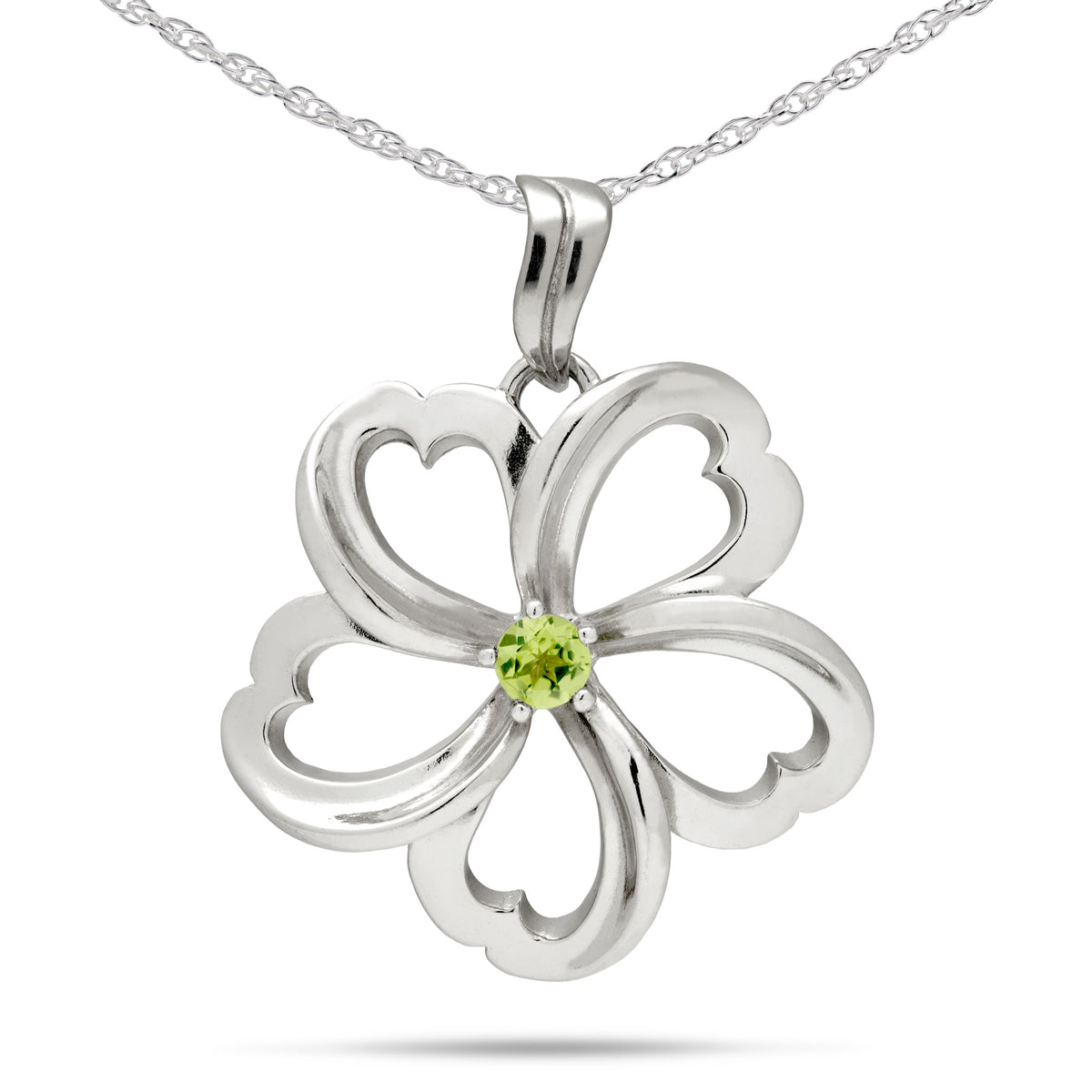 A cut out style Plumeria pendant in sterling silver, set with a Peridot stone in the center, pendant is hanging from a double rope chain, place on a white background.