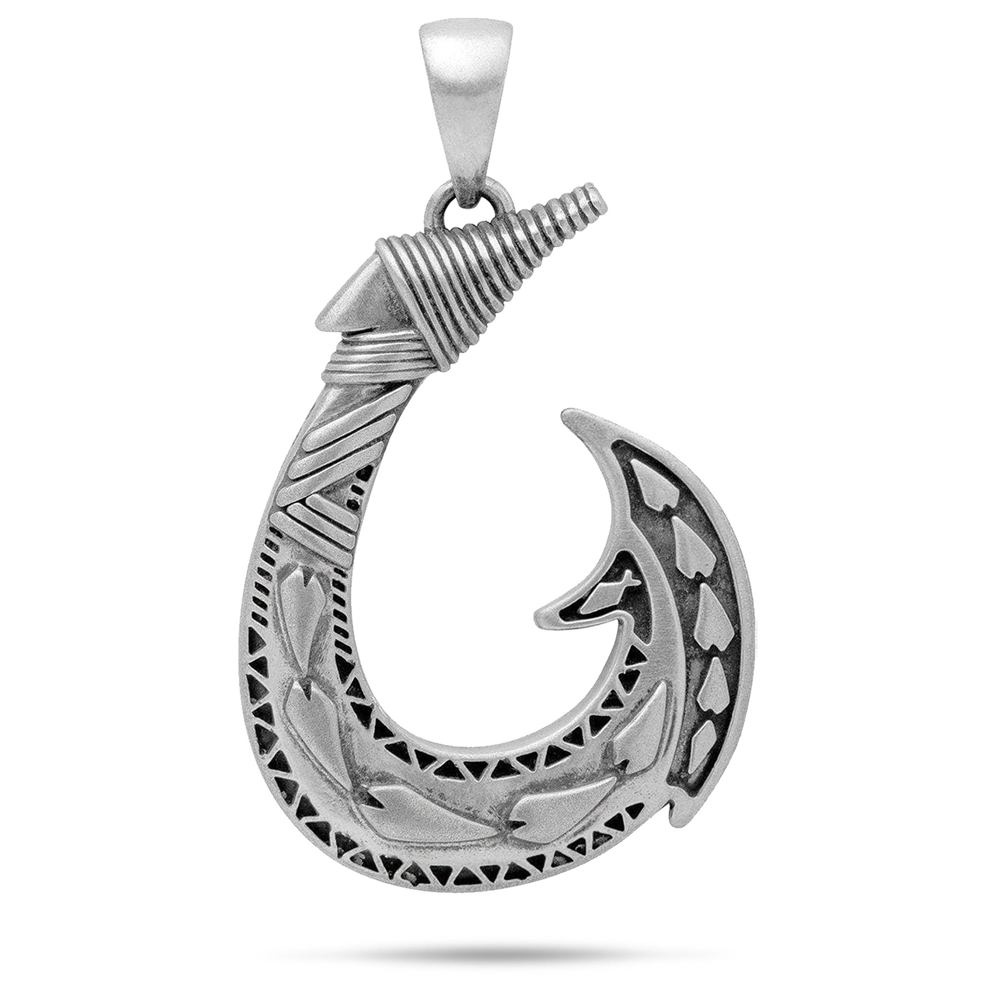 40mm Fish Hook Pendant in Sterling Silver   with tribal designs on a white background