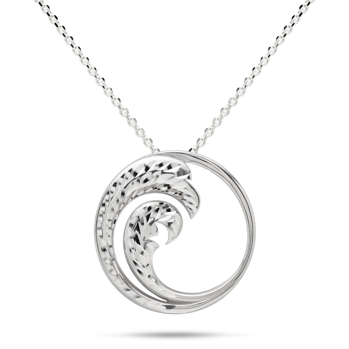 24mm Round Nalu Pendant in Sterling Silver with Diamond-cut wave design on an adjustable cable chain against a white background