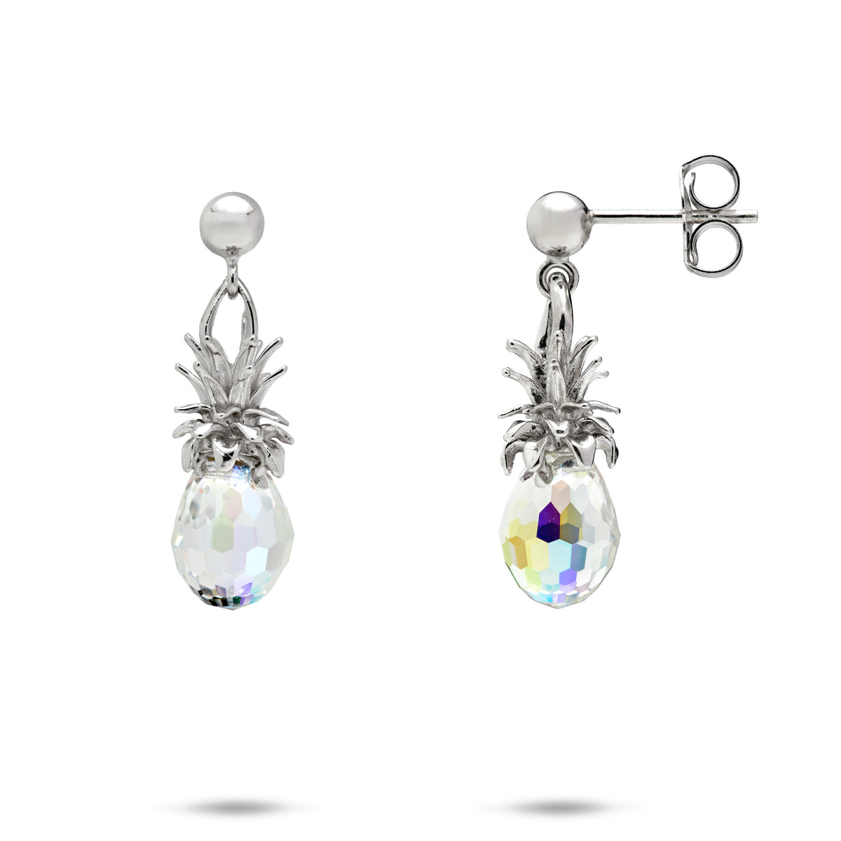 A set of 20mm Crystal Pineapple Dangle Earrings with Sterling Silver crown and posts, one showing the front view and the other showing the side view, on a white background.