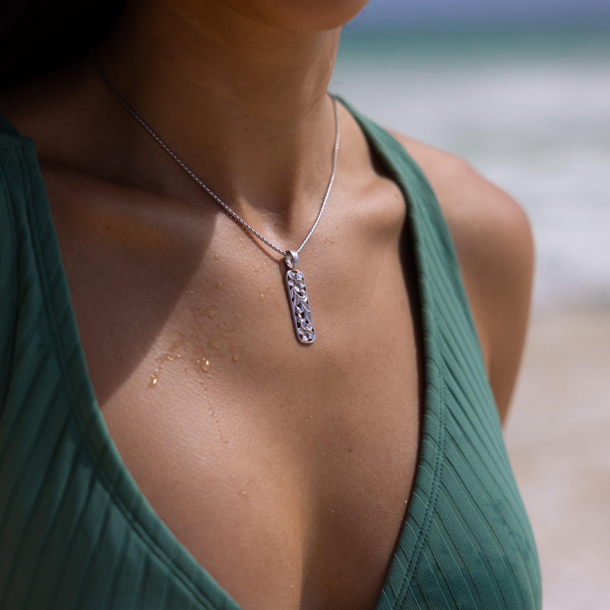 Hawaiian Heirloom Plumeria Pendant in Sterling Silver with White Sapphire - 41mm