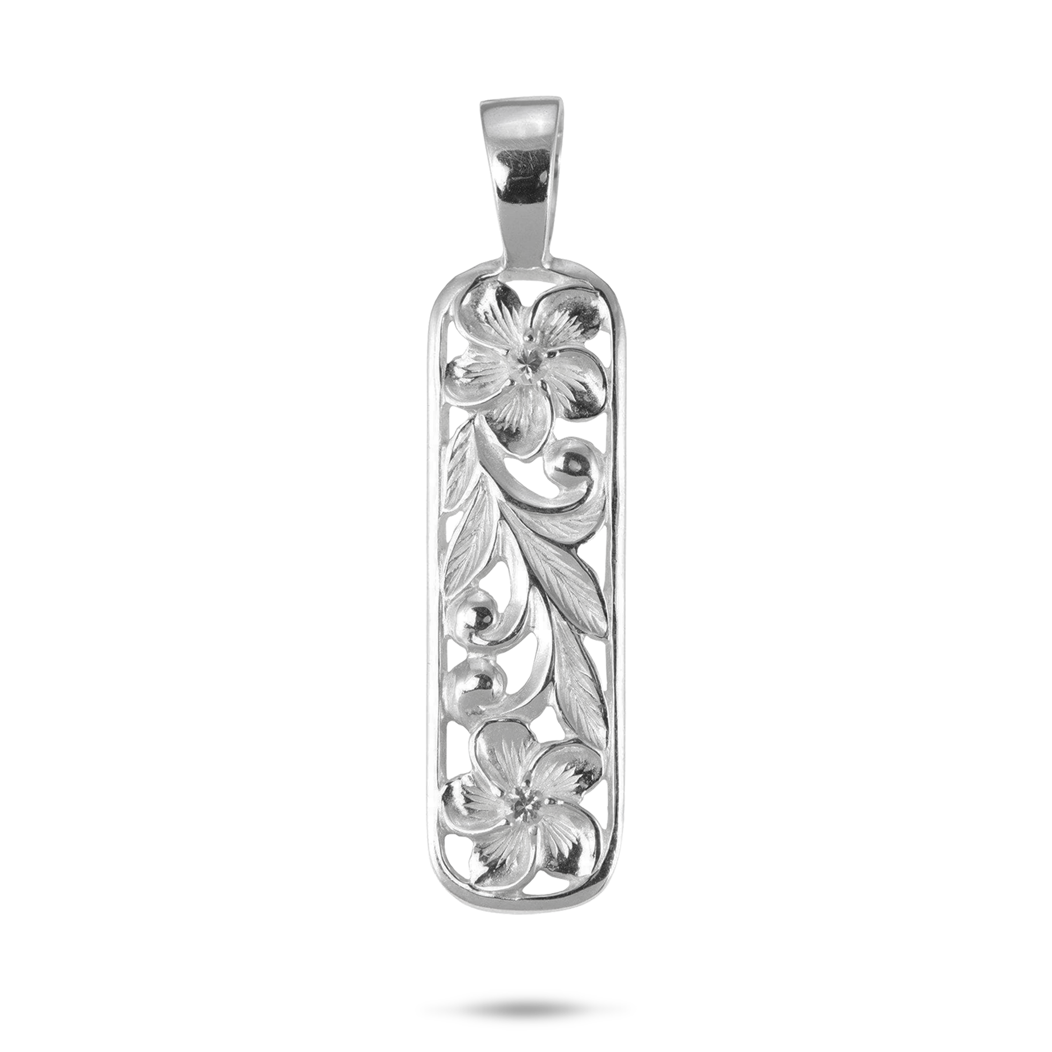 Hawaiian Heirloom Plumeria Pendant in Sterling Silver with White Sapphire - 41mm