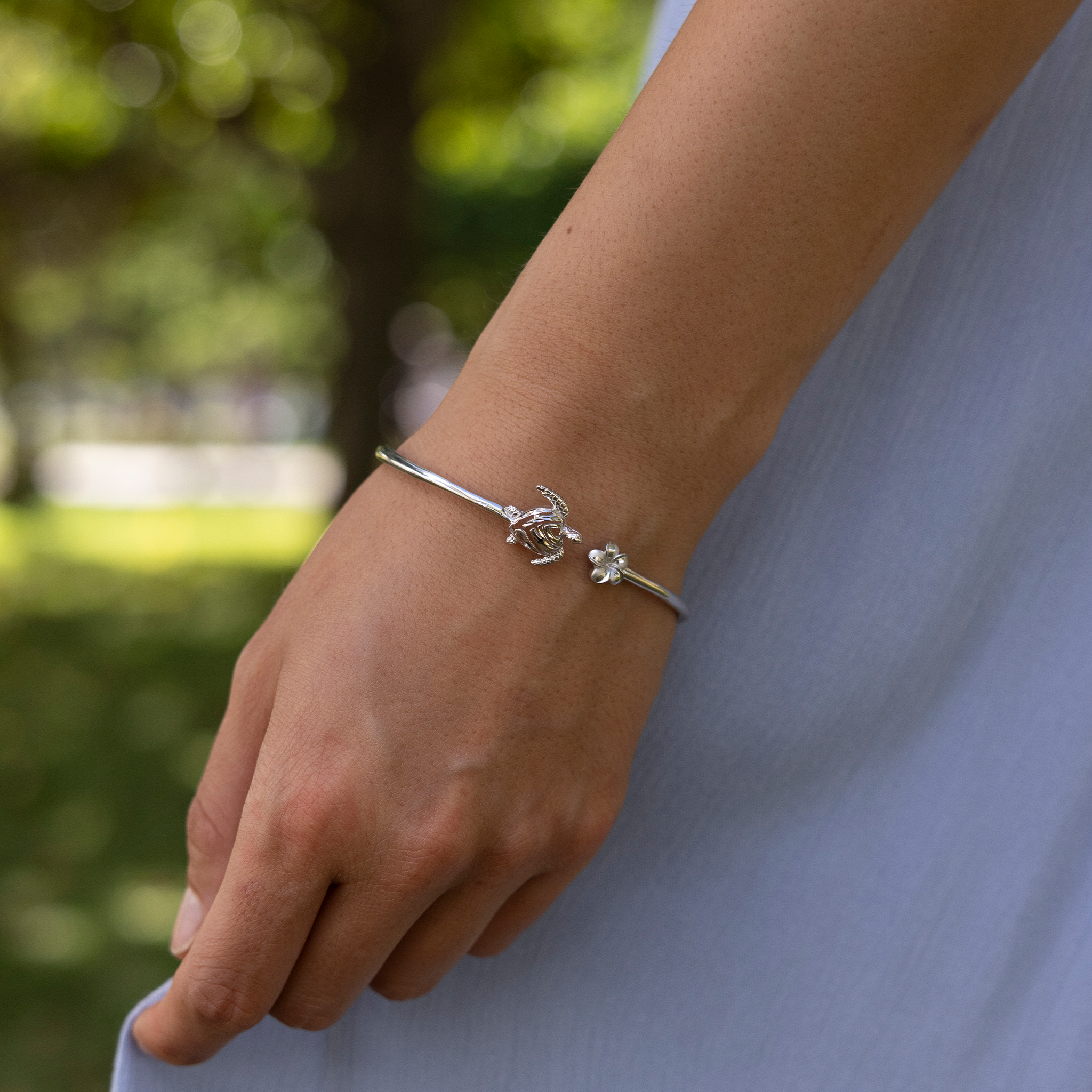 Honu and Plumeria Bracelet in Sterling Silver