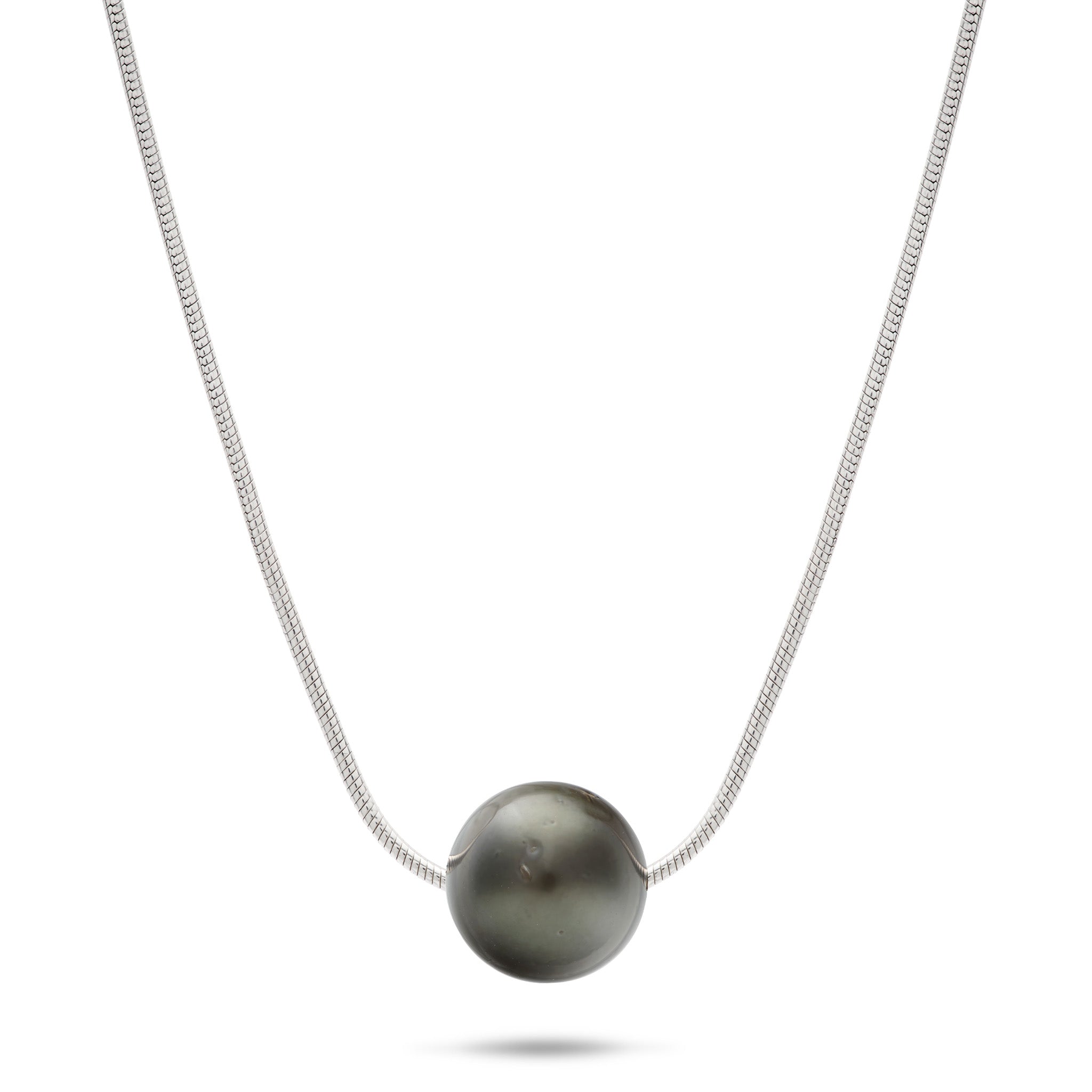 18" Tahitian Black Pearl slider Necklace in Sterling Silver on a white background