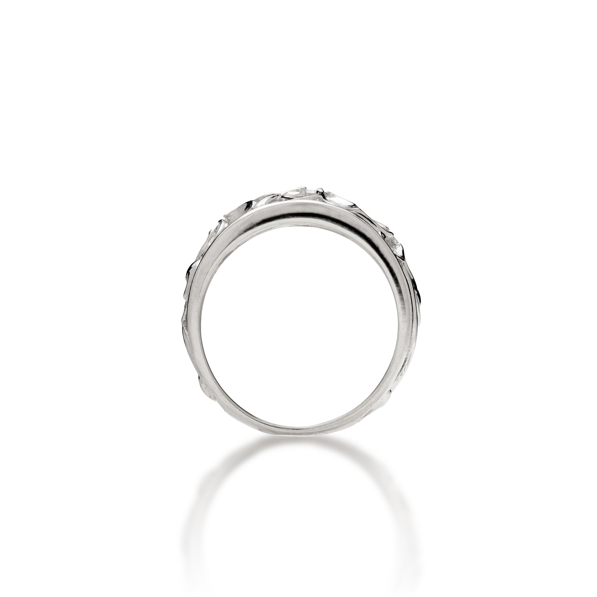 Side view of the 11mm Hawaiian Heirloom Plumeria Ring in White Gold with Diamonds on a white background