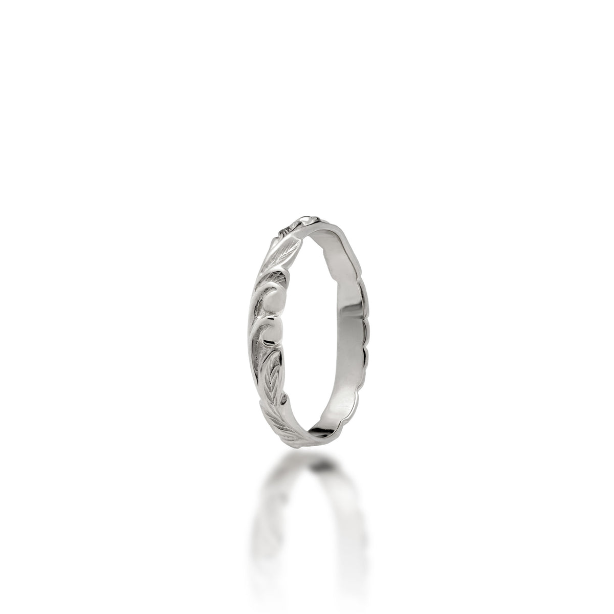 3mm Hawaiian Heirloom Ring in 14k White Gold with maile leaf and fern scrollwork, shown on a white background