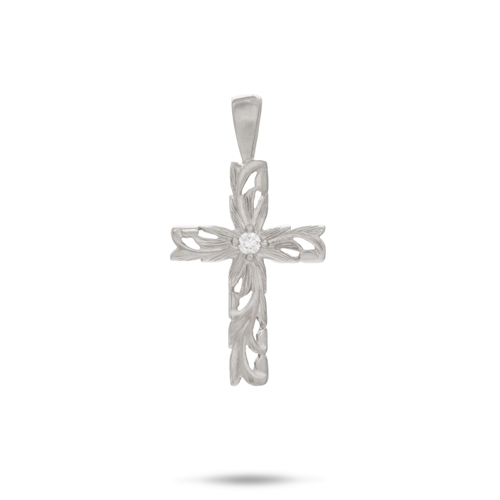 Hawaiian Heirloom Old English Scroll Cross Pendant in White Gold with Diamond - 23mm